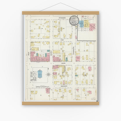 Old map wall art mockup — magnetic wood frame on white wall — Sanborn Fire Insurance Map from Liberty, Union County, Indiana (1892) - Complete Map Set