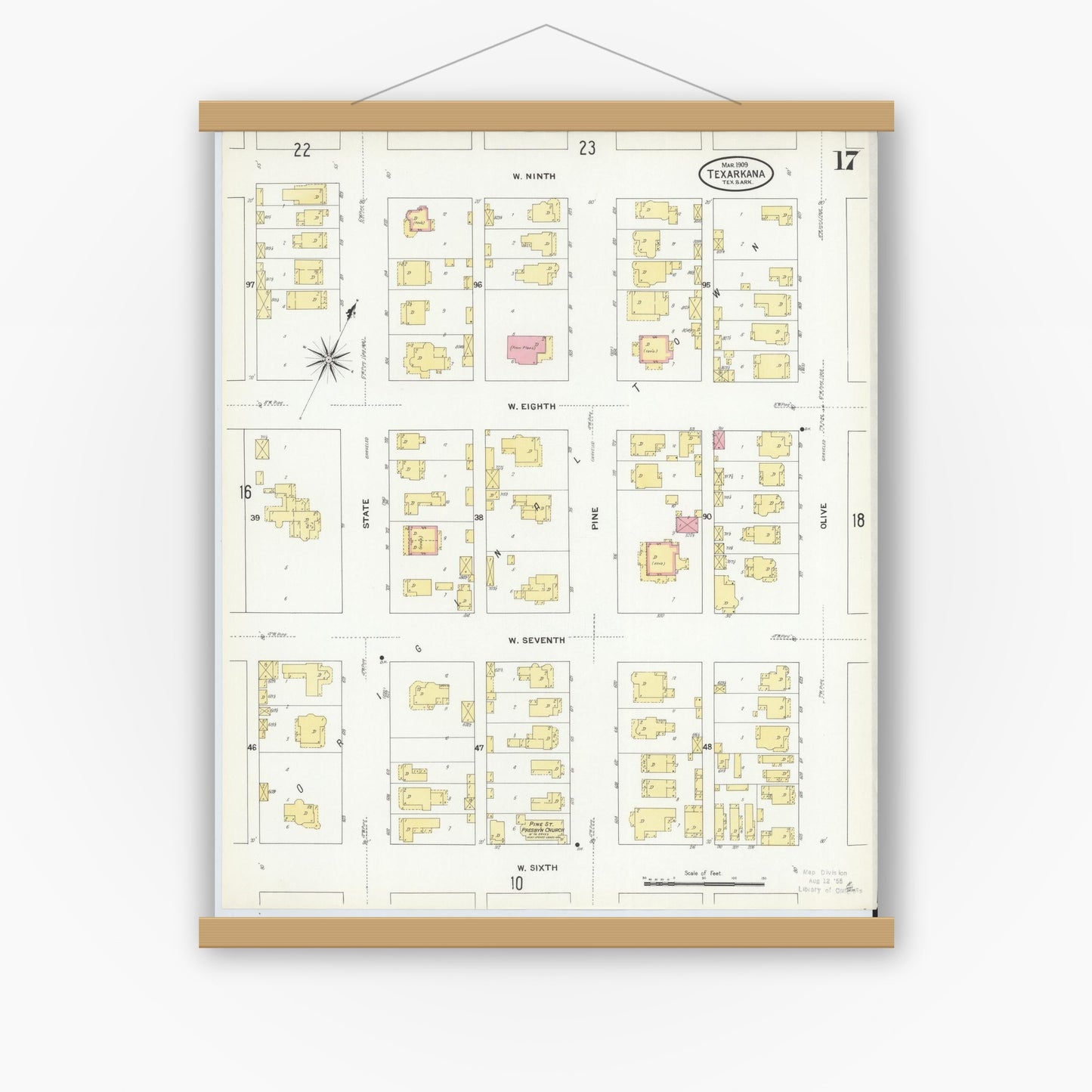 Old map wall art mockup — magnetic wood frame on white wall — Sanborn Fire Insurance Map from Texarkana, Bowie County, Texas (1909), Sheet #0017