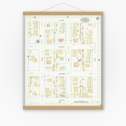 Old map wall art mockup — magnetic wood frame on white wall — Sanborn Fire Insurance Map from Texarkana, Bowie County, Texas (1909), Sheet #0017