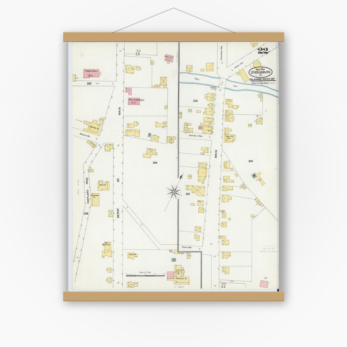 Old map wall art mockup — magnetic wood frame on white wall — Sanborn Fire Insurance Map from Stroudsburg, Monroe County, Pennsylvania (1905), Sheet #0022