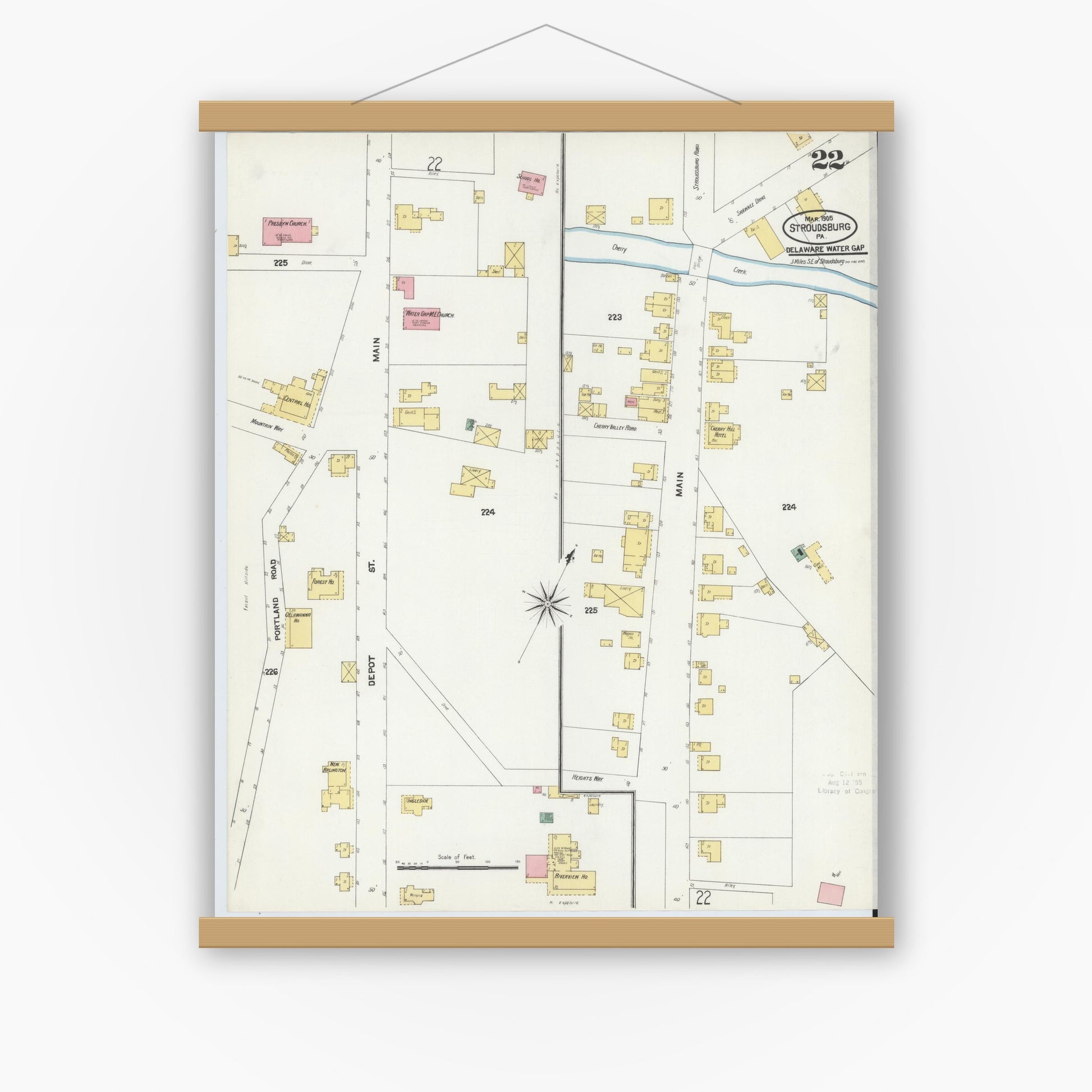 Old map wall art mockup — magnetic wood frame on white wall — Sanborn Fire Insurance Map from Stroudsburg, Monroe County, Pennsylvania (1905), Sheet #0022