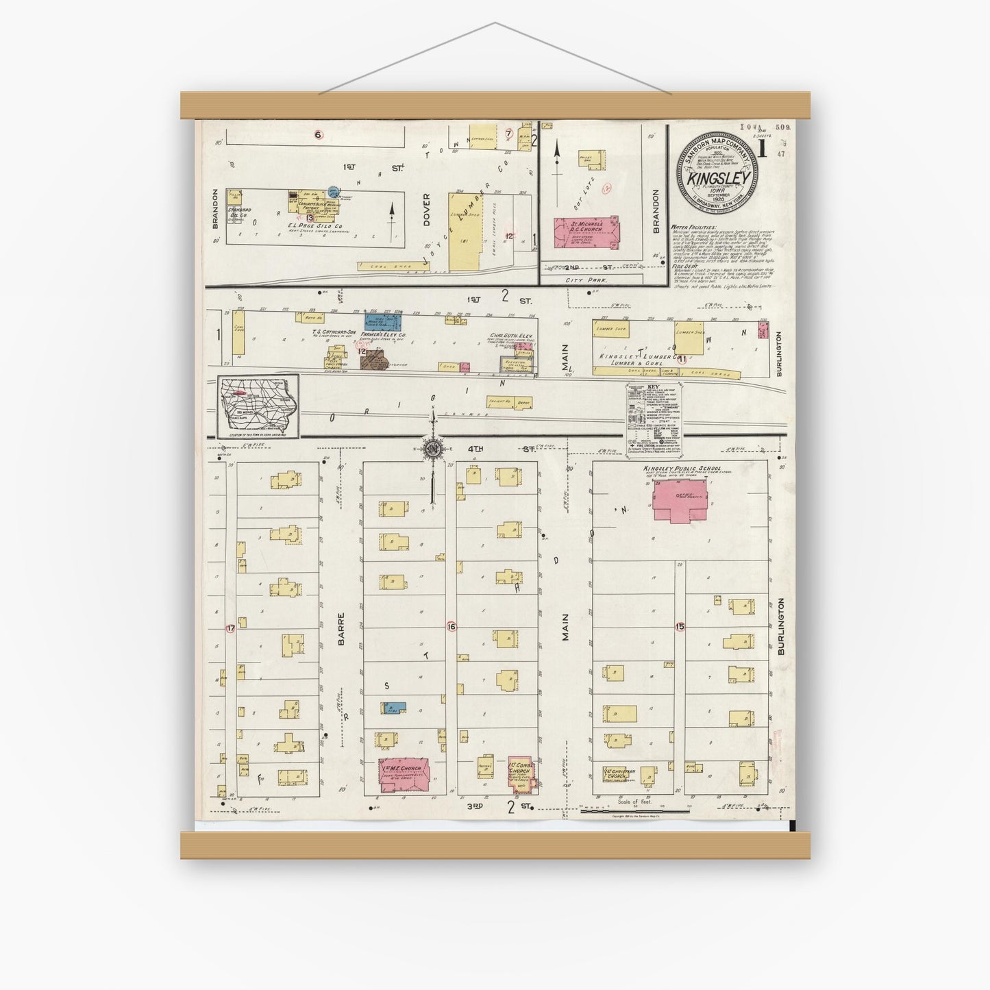 Old map wall art mockup — magnetic wood frame on white wall — Sanborn Fire Insurance Map from Kingsley, Plymouth County, Iowa (1920) â€” Complete Set