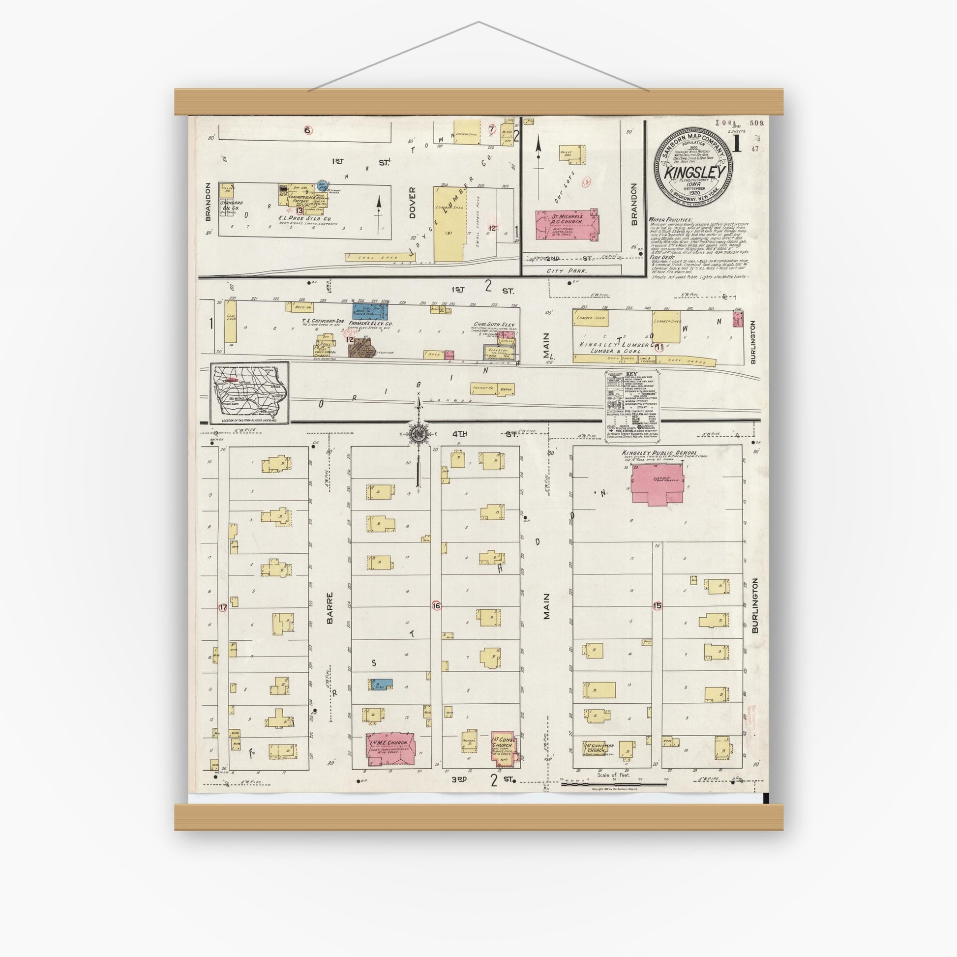 Old map wall art mockup — magnetic wood frame on white wall — Sanborn Fire Insurance Map from Kingsley, Plymouth County, Iowa (1920) â€” Complete Set