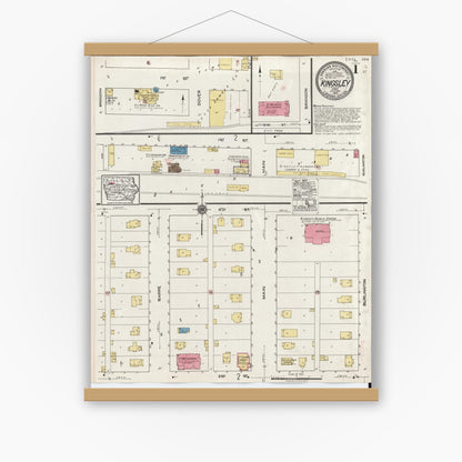 Old map wall art mockup — magnetic wood frame on white wall — Sanborn Fire Insurance Map from Kingsley, Plymouth County, Iowa (1920) â€” Complete Set