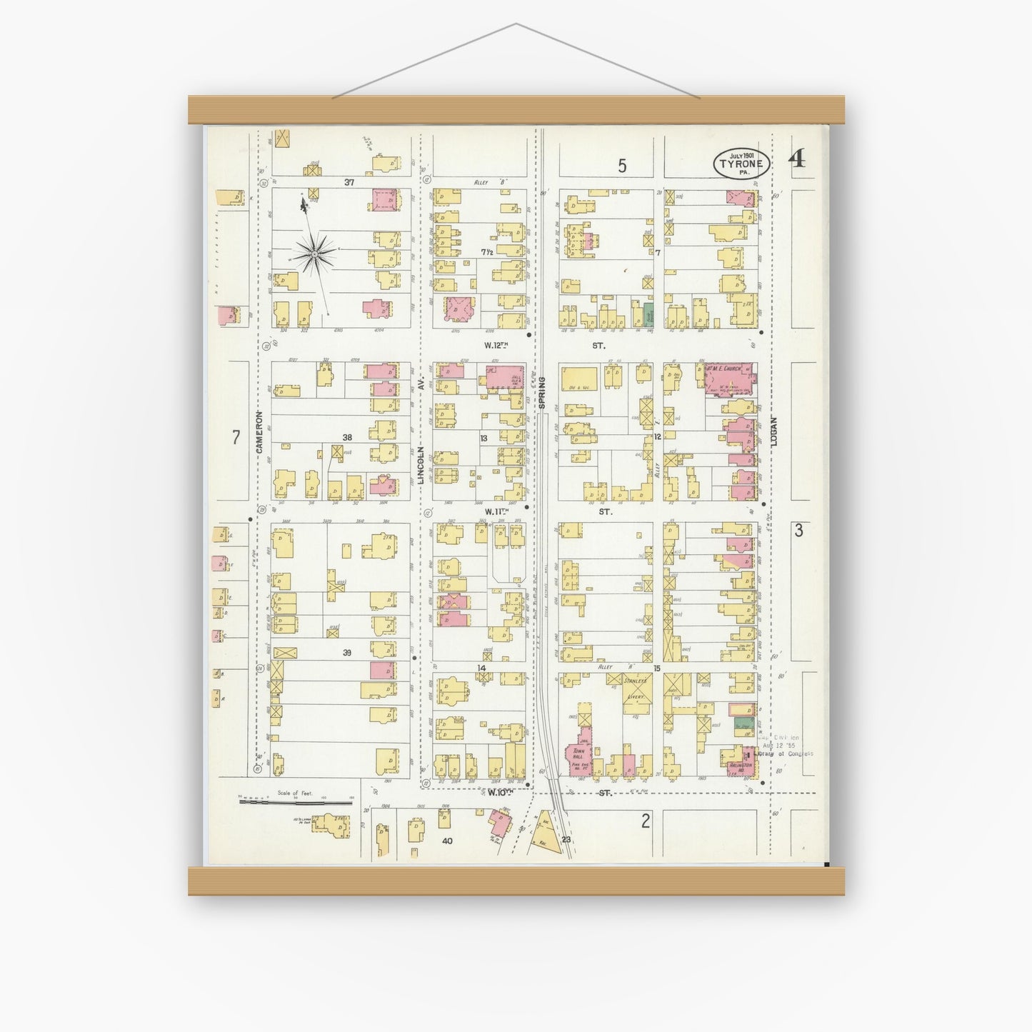 Old map wall art mockup — magnetic wood frame on white wall — Sanborn Fire Insurance Map from Tyrone, Blair County, Pennsylvania (1901), Sheet #0004