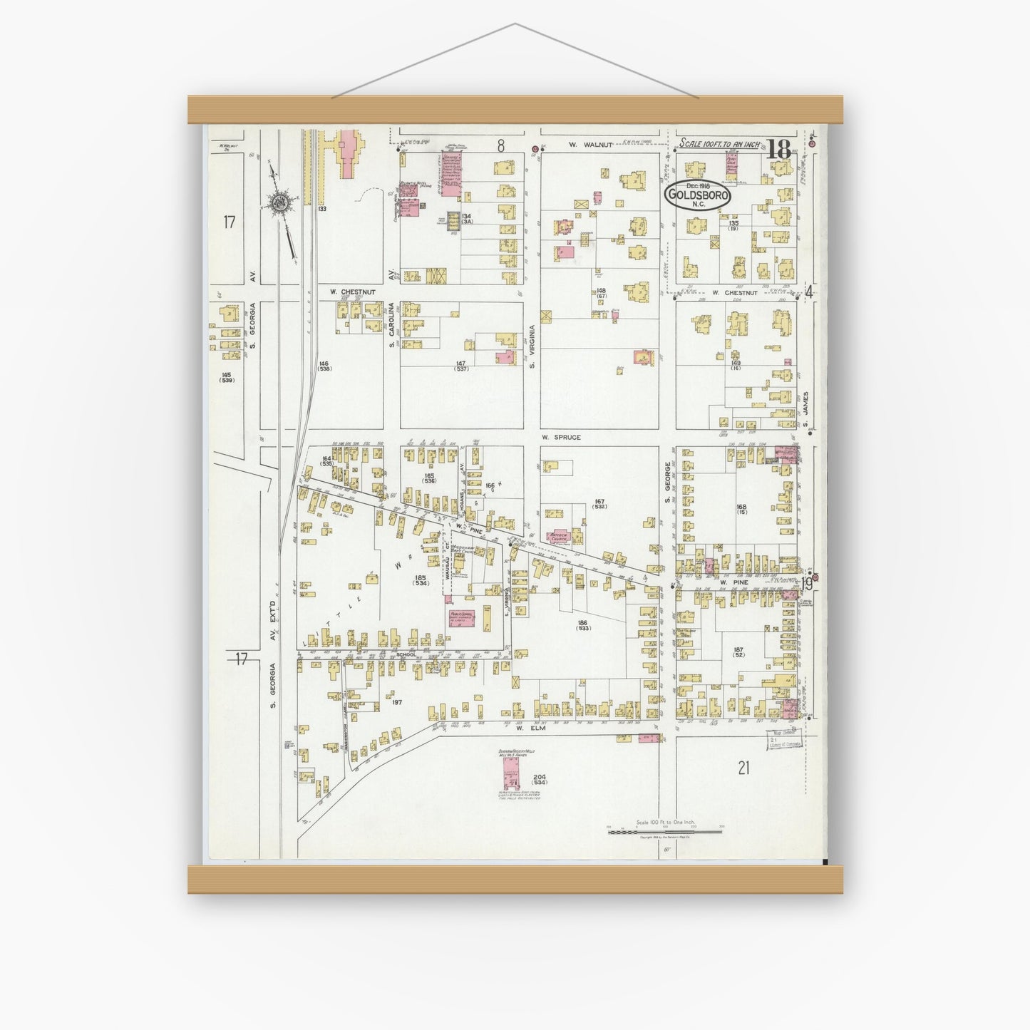 Old map wall art mockup — magnetic wood frame on white wall — Sanborn Fire Insurance Map from Goldsboro, Wayne County, North Carolina (1918), Sheet #0018