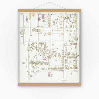 Old map wall art mockup — magnetic wood frame on white wall — Sanborn Fire Insurance Map from Goldsboro, Wayne County, North Carolina (1918), Sheet #0018