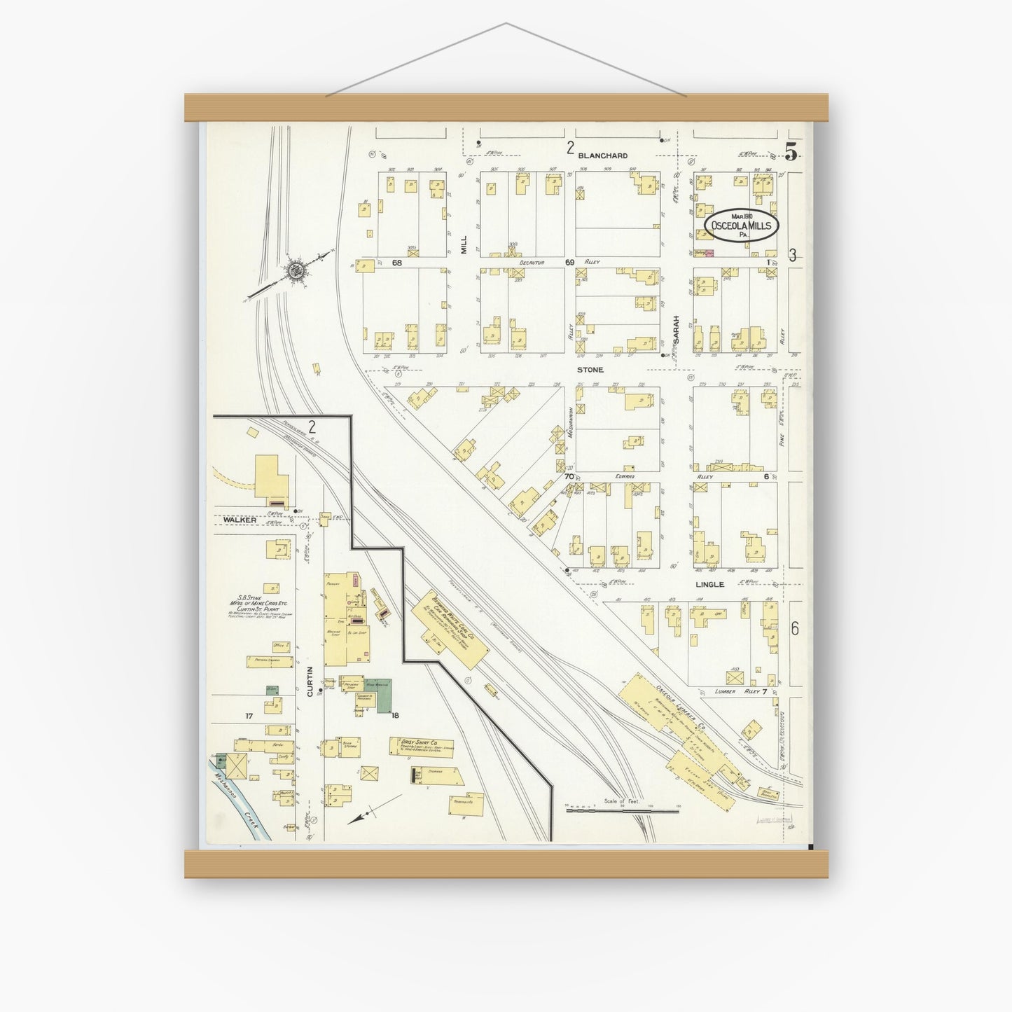 Old map wall art mockup — magnetic wood frame on white wall — Sanborn Fire Insurance Map from Osceola Mills, Clearfield County, Pennsylvania (1910), Sheet #0005