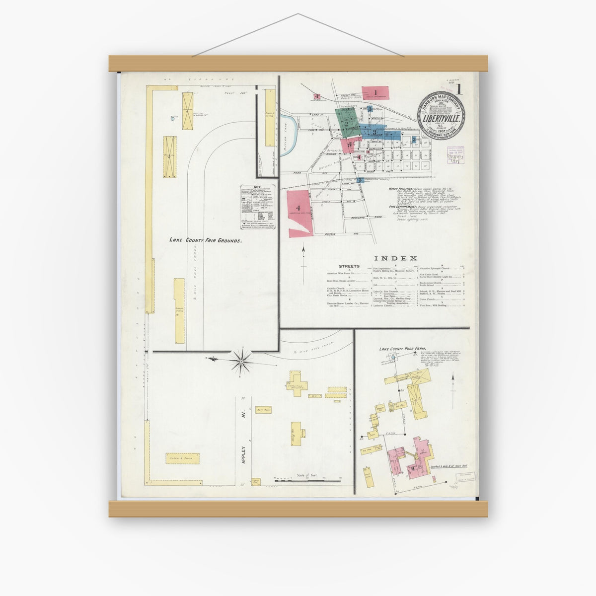 Old map wall art mockup — magnetic wood frame on white wall — Sanborn Fire Insurance Map from Libertyville, Lake County, Illinois (1907) - Complete Map Set