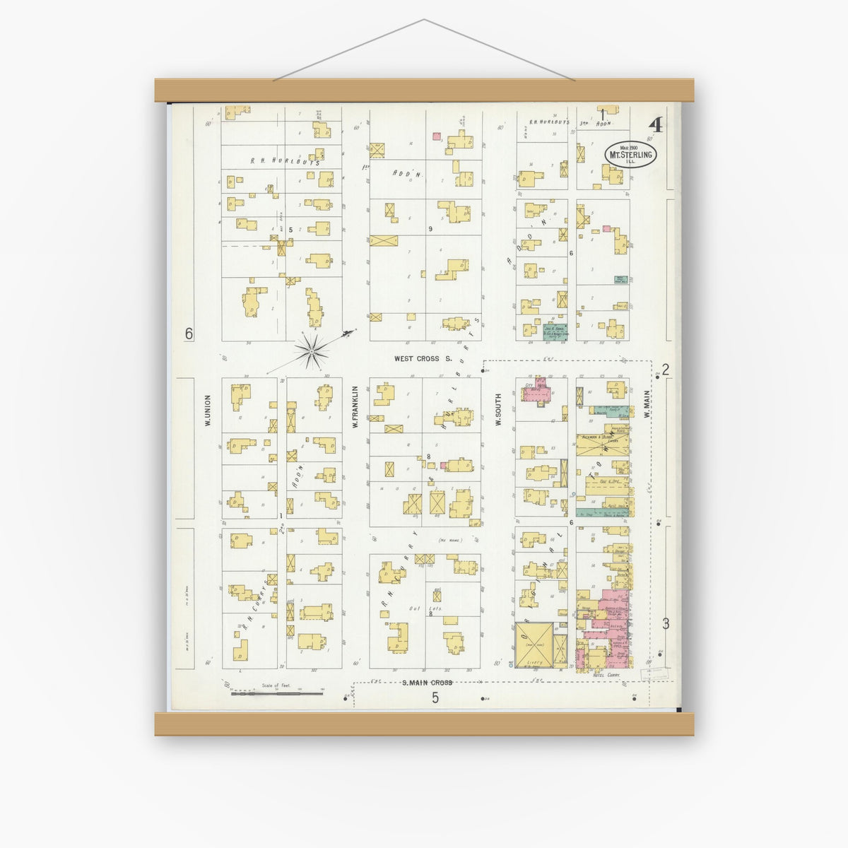 Old map wall art mockup — magnetic wood frame on white wall — Sanborn Fire Insurance Map from Mount Sterling, Brown County, Illinois (1900), Sheet #0004