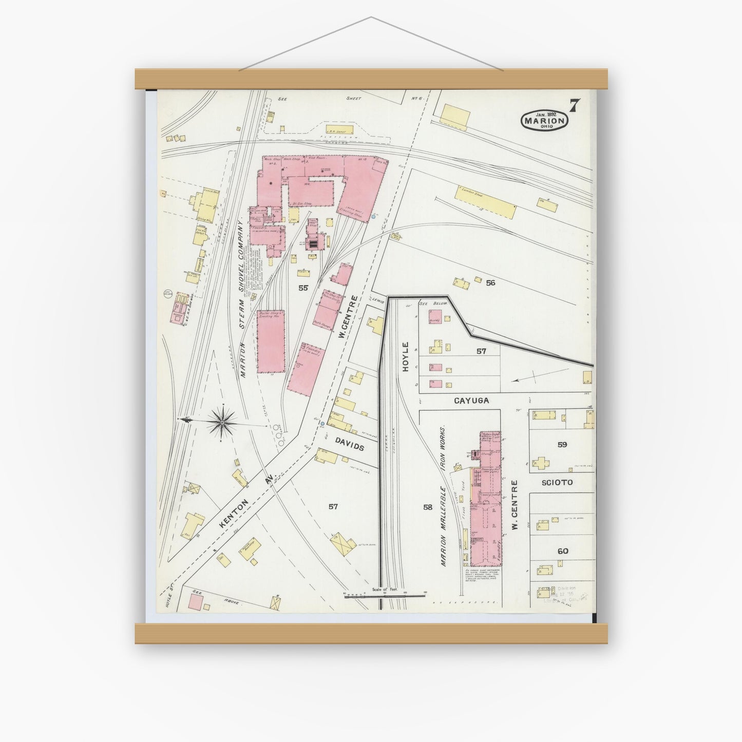 Old map wall art mockup — magnetic wood frame on white wall — Sanborn Fire Insurance Map from Marion, Marion County, Ohio (1892), Sheet #0007