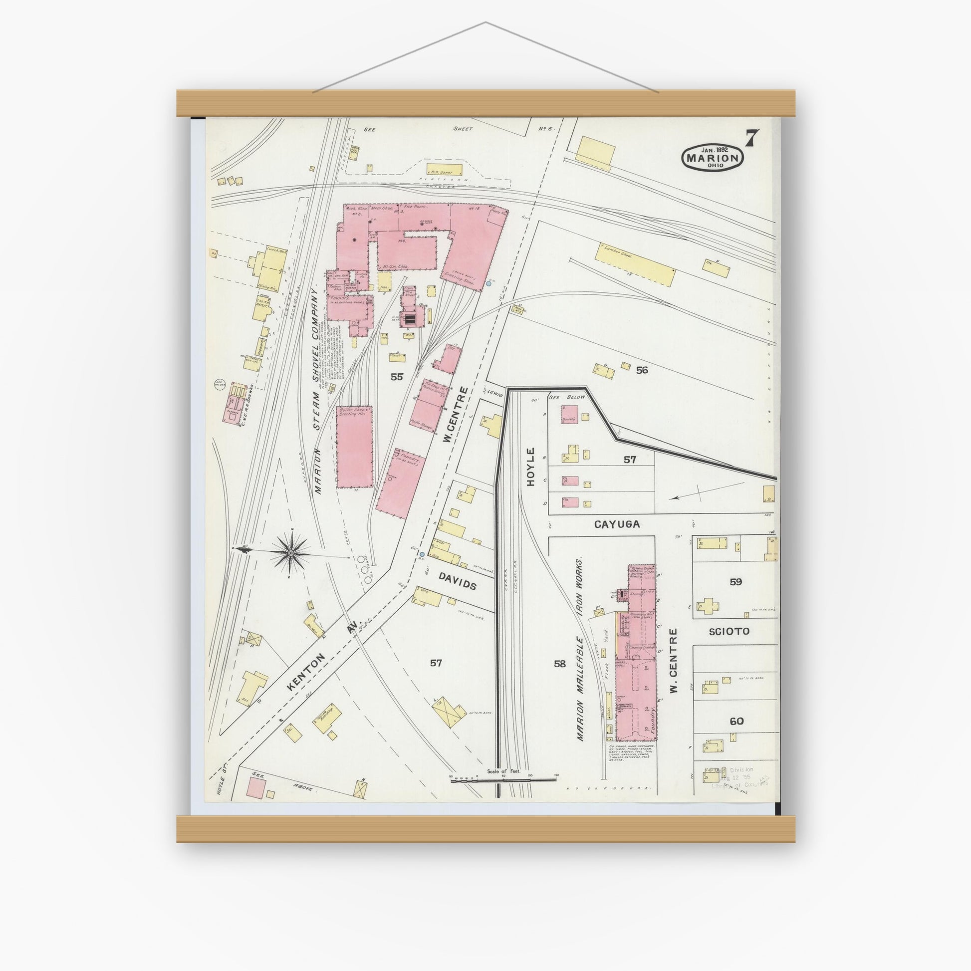 Old map wall art mockup — magnetic wood frame on white wall — Sanborn Fire Insurance Map from Marion, Marion County, Ohio (1892), Sheet #0007