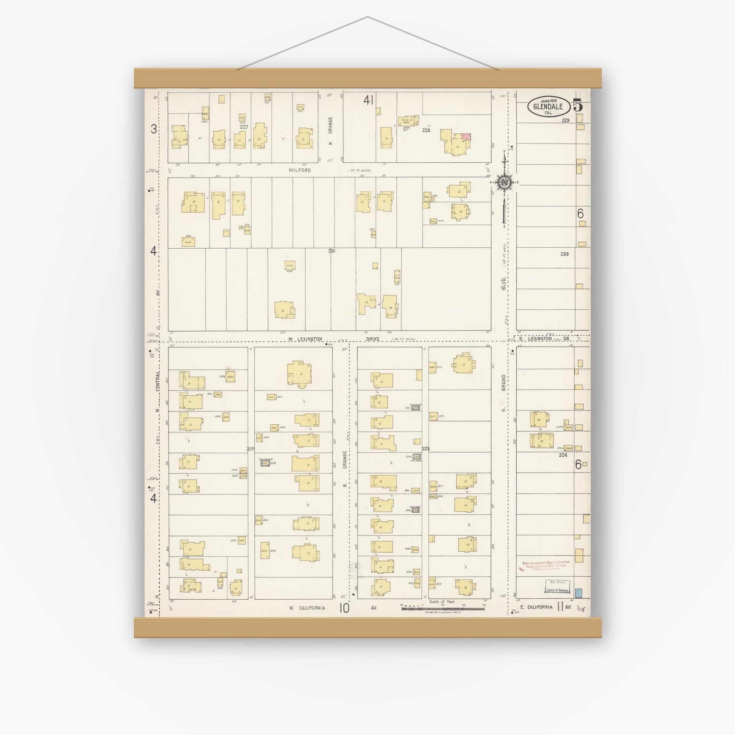 Old map wall art mockup — magnetic wood frame on white wall — Sanborn Fire Insurance Map from Glendale, Los Angeles County, California (1919), Sheet #0005