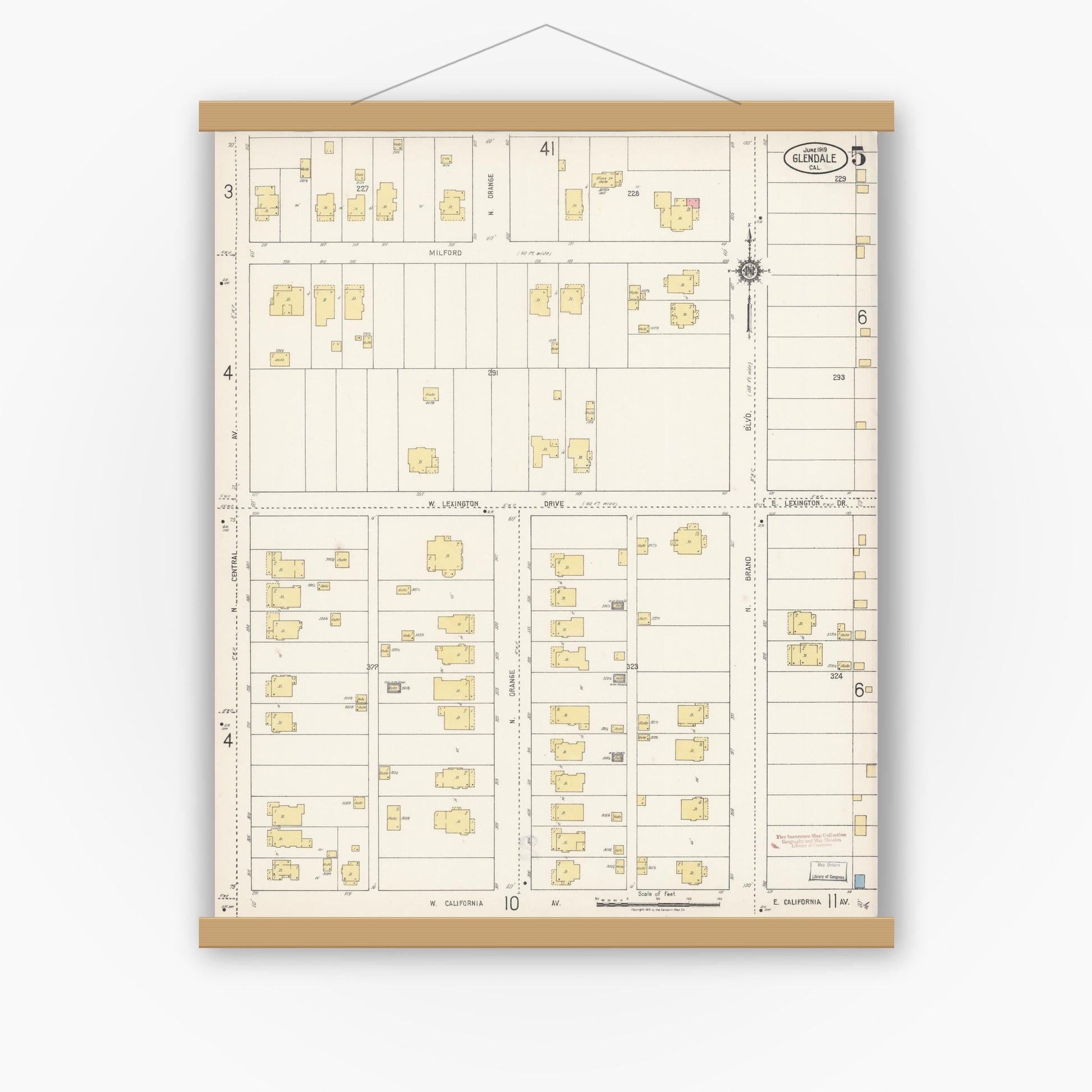 Old map wall art mockup — magnetic wood frame on white wall — Sanborn Fire Insurance Map from Glendale, Los Angeles County, California (1919), Sheet #0005