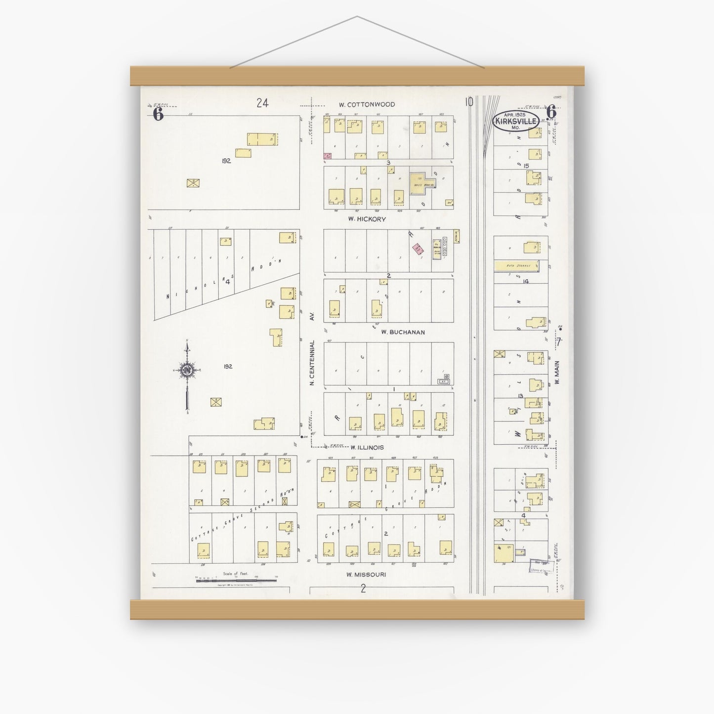 Old map wall art mockup — magnetic wood frame on white wall — Sanborn Fire Insurance Map from Kirksville, Adair County, Missouri (1925), Sheet #0006