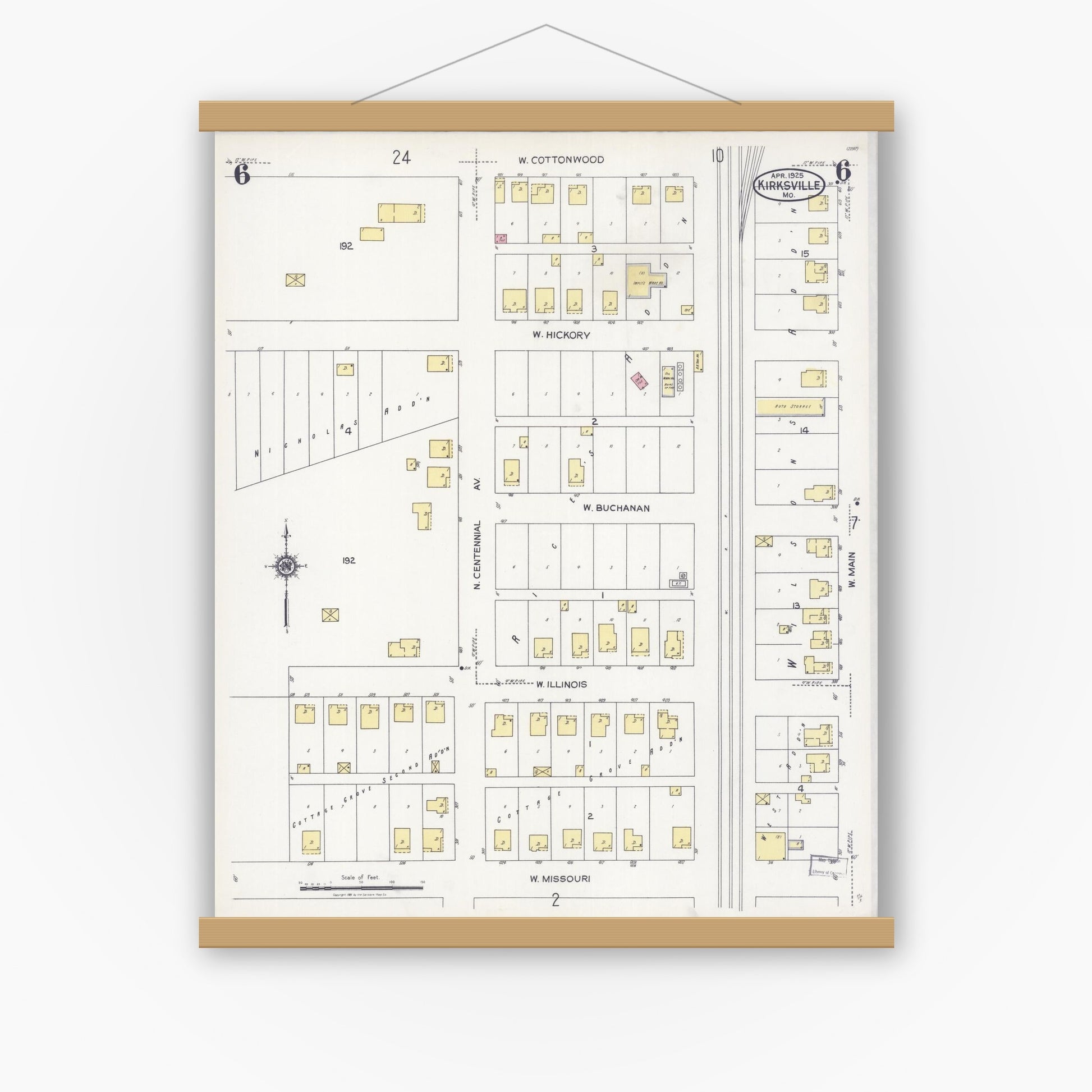 Old map wall art mockup — magnetic wood frame on white wall — Sanborn Fire Insurance Map from Kirksville, Adair County, Missouri (1925), Sheet #0006