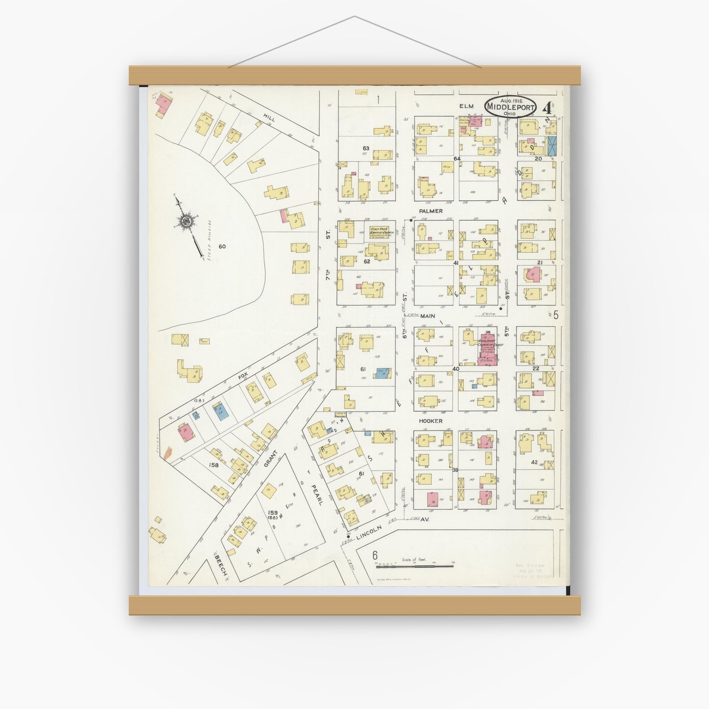 Old map wall art mockup — magnetic wood frame on white wall — Sanborn Fire Insurance Map from Middleport, Meigs County, Ohio (1916), Sheet #0004