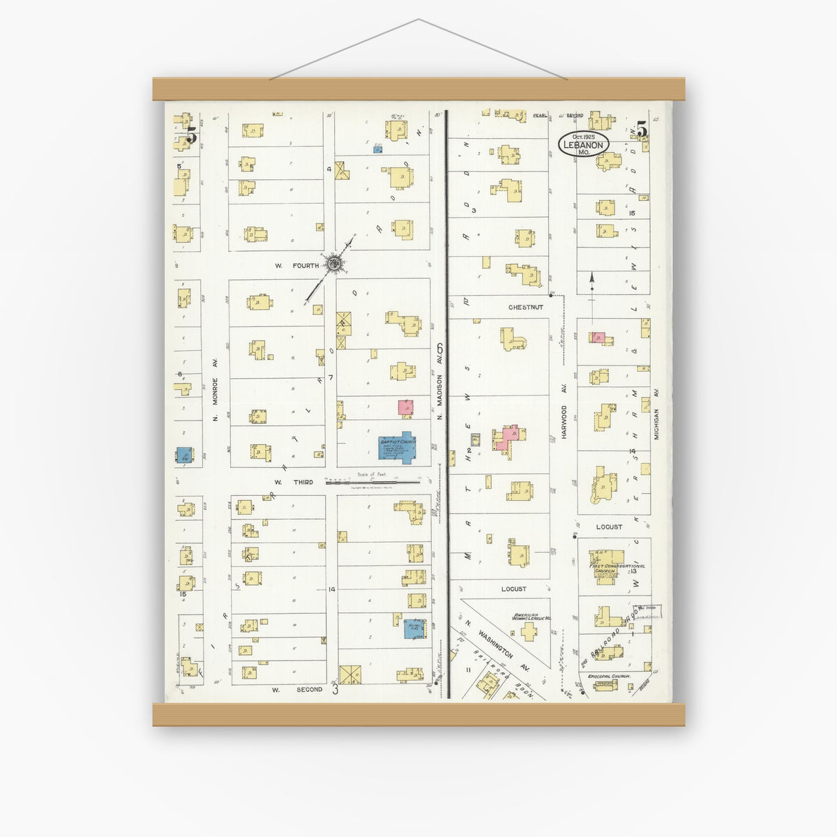 Old map wall art mockup — magnetic wood frame on white wall — Sanborn Fire Insurance Map from Lebanon, Laclede County, Missouri (1925), Sheet #0005