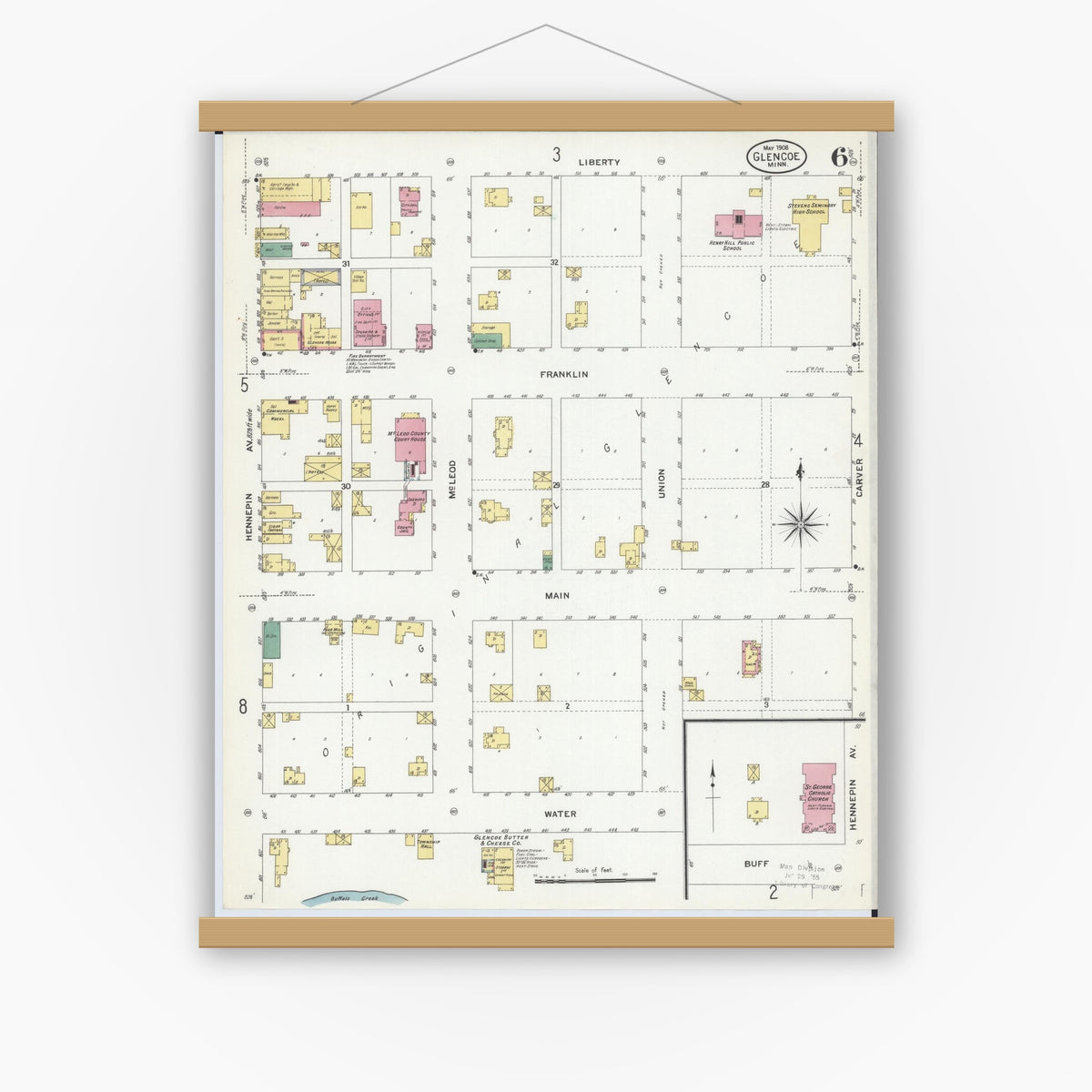 Old map wall art mockup — magnetic wood frame on white wall — Sanborn Fire Insurance Map from Glencoe, Mcleod County, Minnesota (1908), Sheet #0006