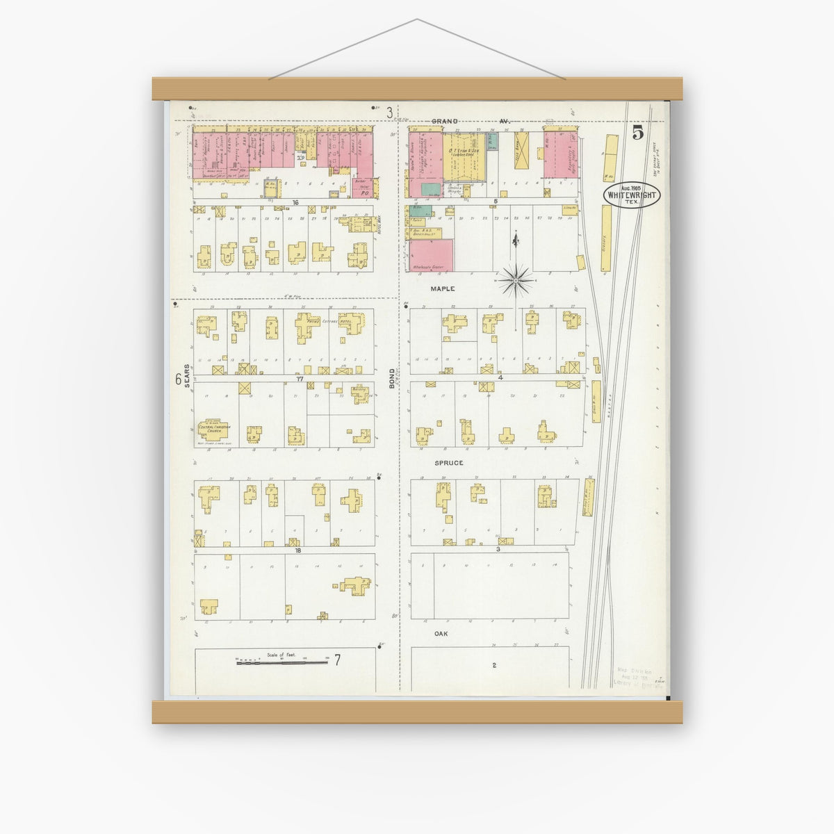 Old map wall art mockup — magnetic wood frame on white wall — Sanborn Fire Insurance Map from Whitewright, Grayson County, Texas (1905), Sheet #0005