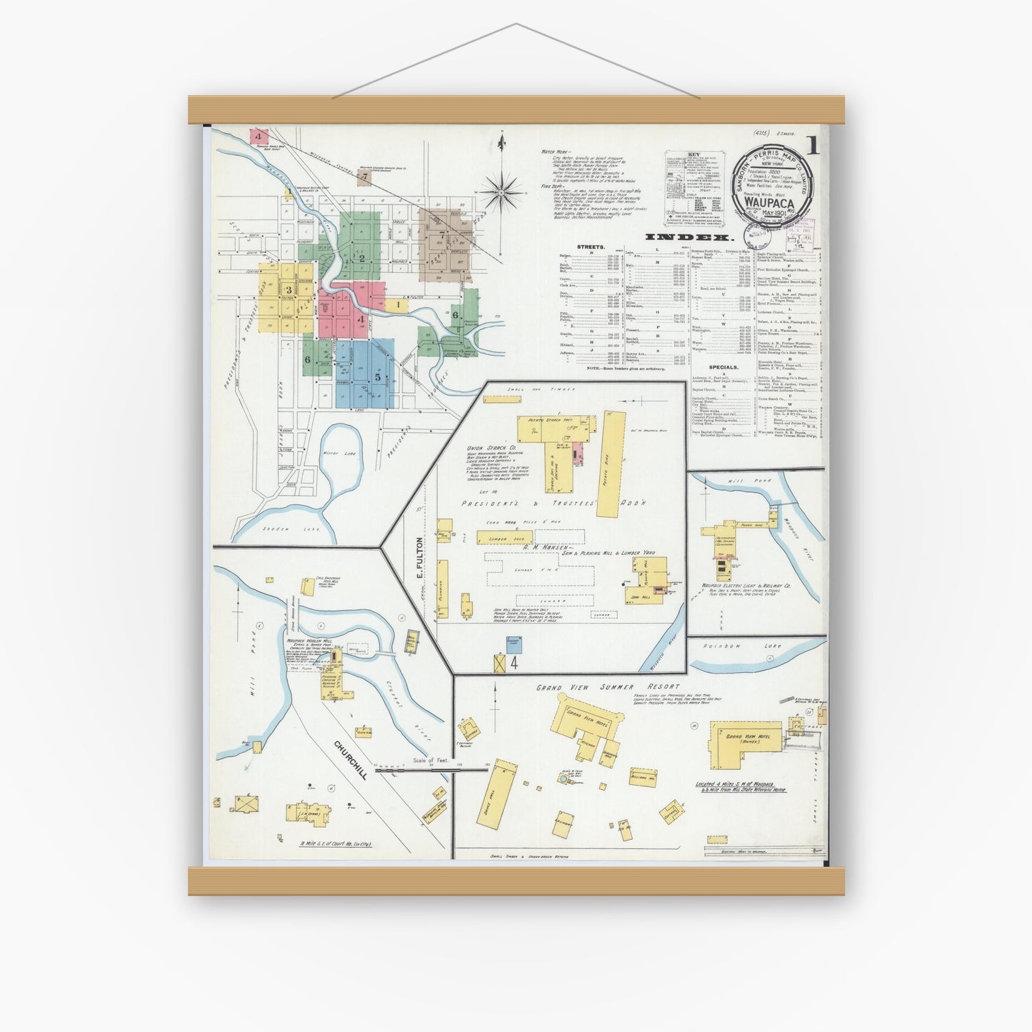 Old map wall art mockup — magnetic wood frame on white wall — Sanborn Fire Insurance Map from Waupaca, Waupaca County, Wisconsin (1901), Sheet #0001