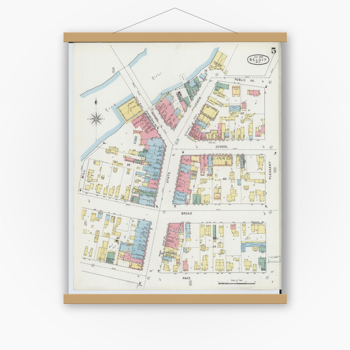 Old map wall art mockup — magnetic wood frame on white wall — Sanborn Fire Insurance Map from Beloit, Rock County, Wisconsin (1895), Sheet #0005