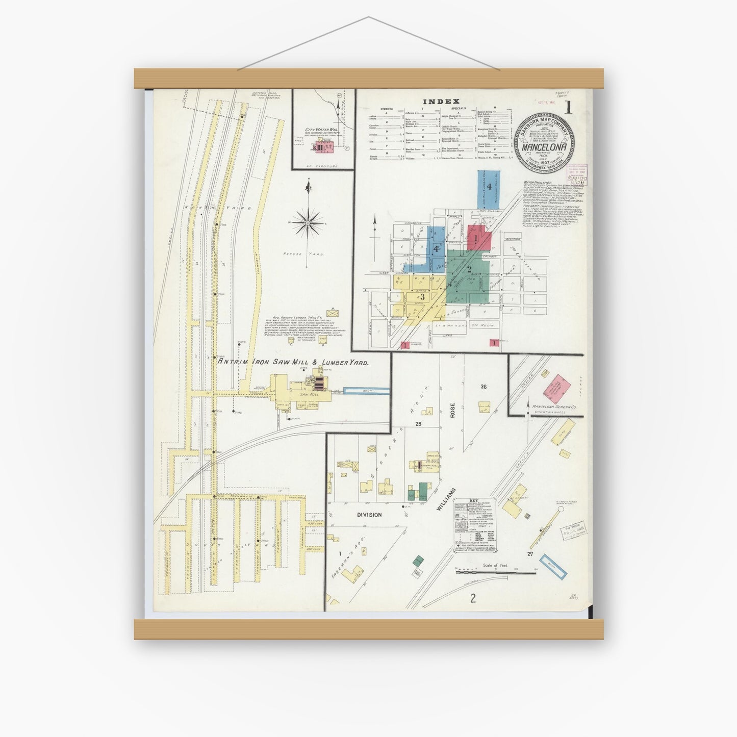 Old map wall art mockup — magnetic wood frame on white wall — Sanborn Fire Insurance Map from Mancelona, Antrim County, Michigan (1907) - Complete Map Set