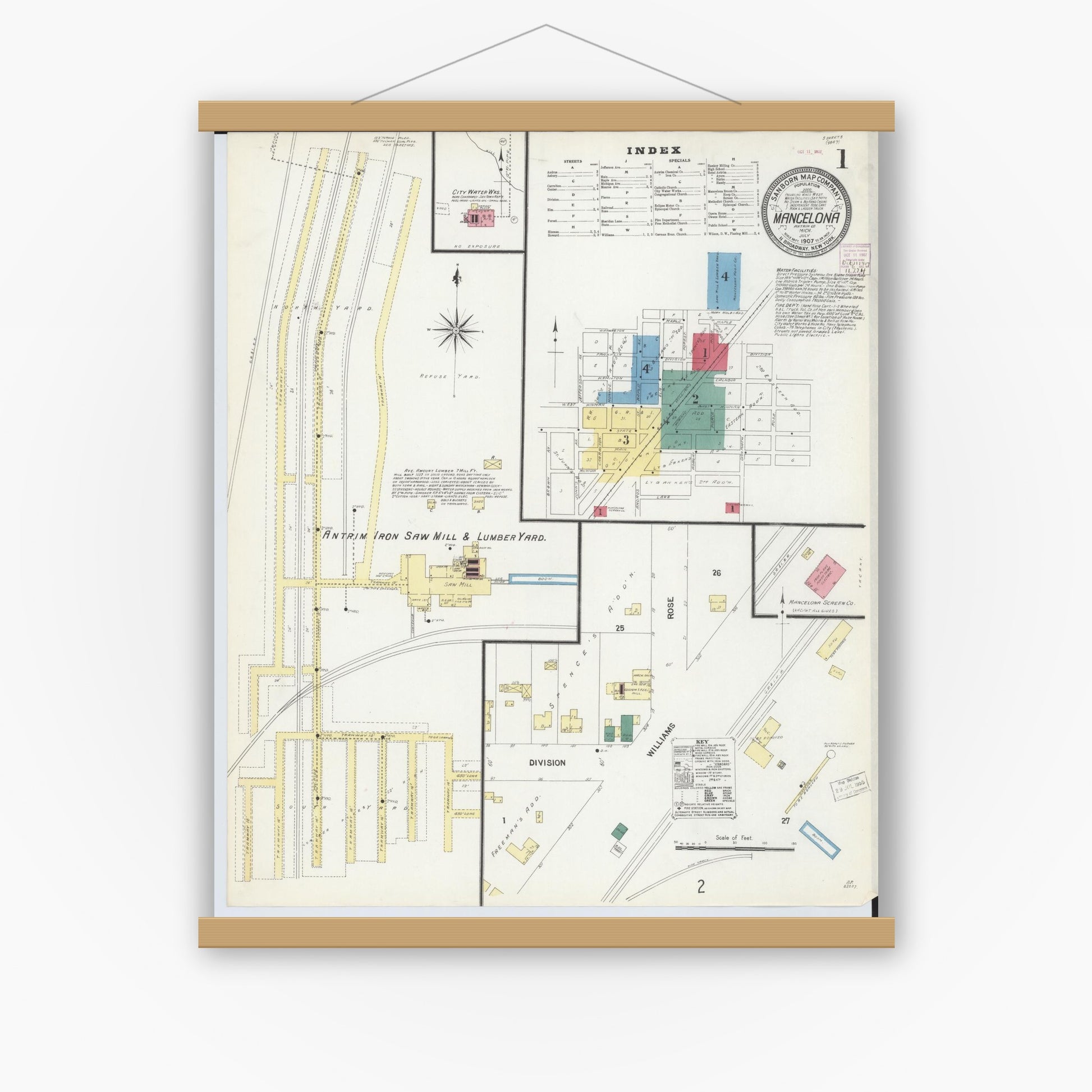 Old map wall art mockup — magnetic wood frame on white wall — Sanborn Fire Insurance Map from Mancelona, Antrim County, Michigan (1907) - Complete Map Set