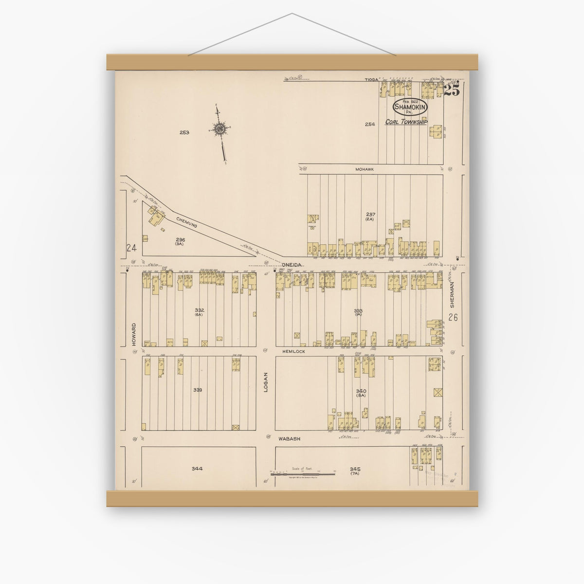 Old map wall art mockup — magnetic wood frame on white wall — Sanborn Fire Insurance Map from Shamokin, Northumberland County, Pennsylvania (1922), Sheet #0025
