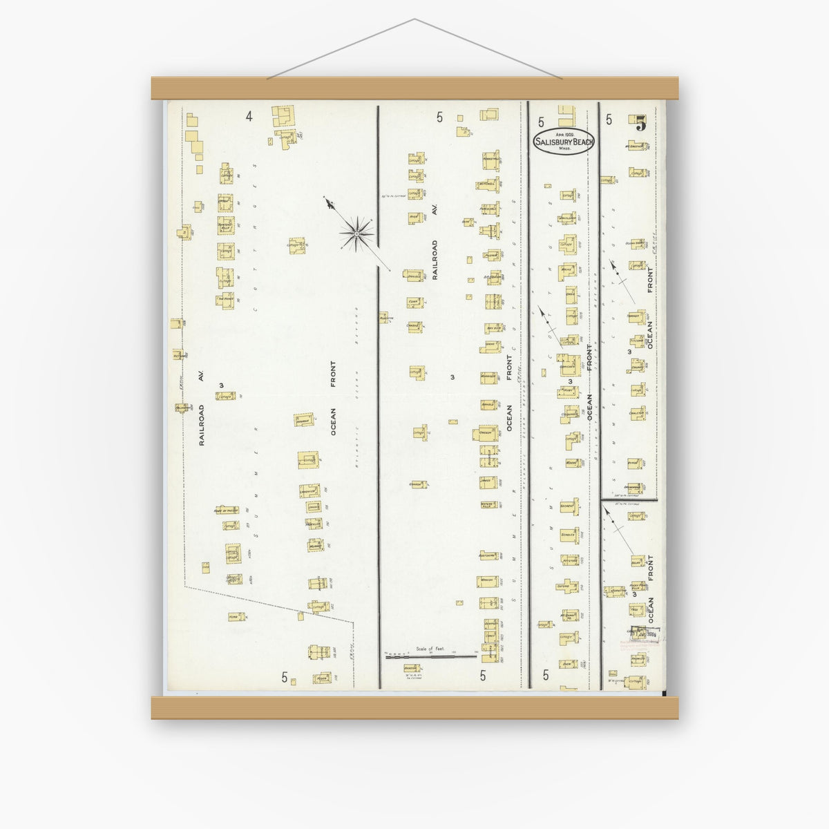 Old map wall art mockup — magnetic wood frame on white wall — Sanborn Fire Insurance Map from Salisbury, Essex County, Massachusetts (1909), Sheet #0005