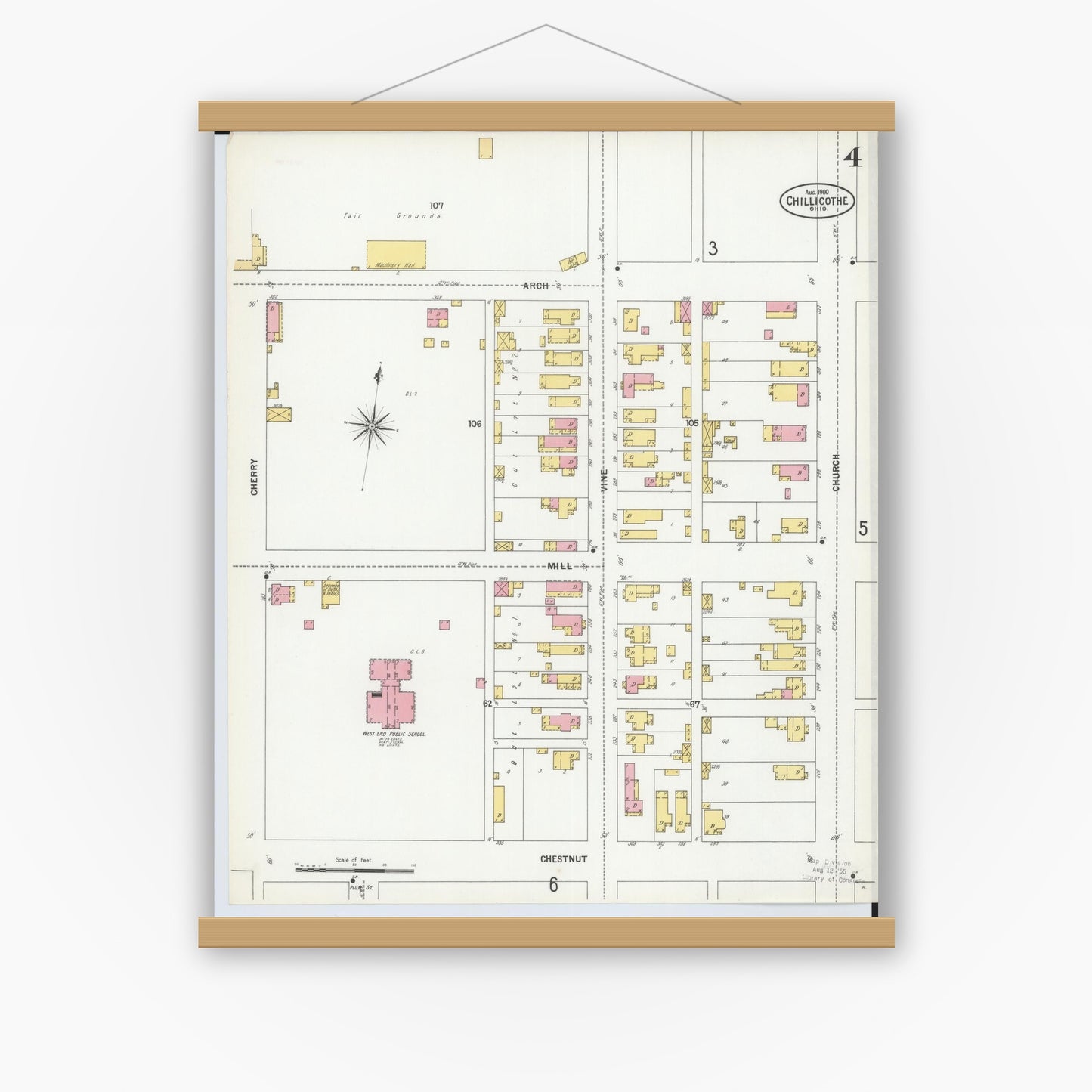 Old map wall art mockup — magnetic wood frame on white wall — Sanborn Fire Insurance Map from Chillicothe, Ross County, Ohio (1900), Sheet #0004