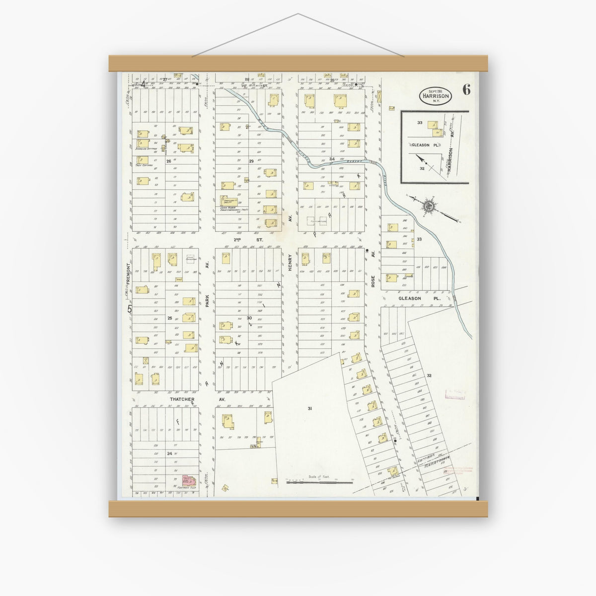 Old map wall art mockup — magnetic wood frame on white wall — Sanborn Fire Insurance Map from Harrison, Westchester County, New York (1911), Sheet #0006