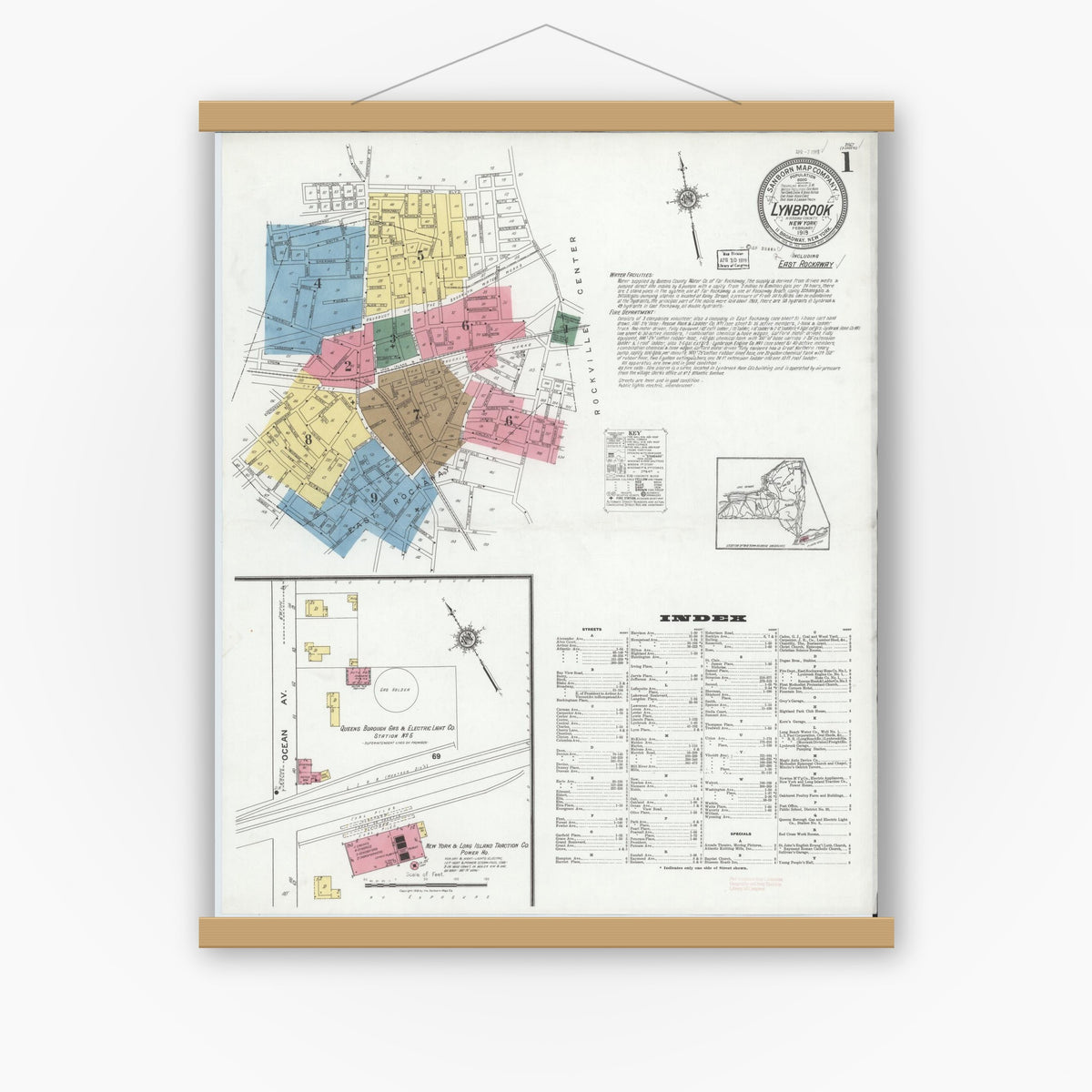 Old map wall art mockup — magnetic wood frame on white wall — Sanborn Fire Insurance Map from Lynbrook, Nassau County, New York (1919) - Complete Map Set