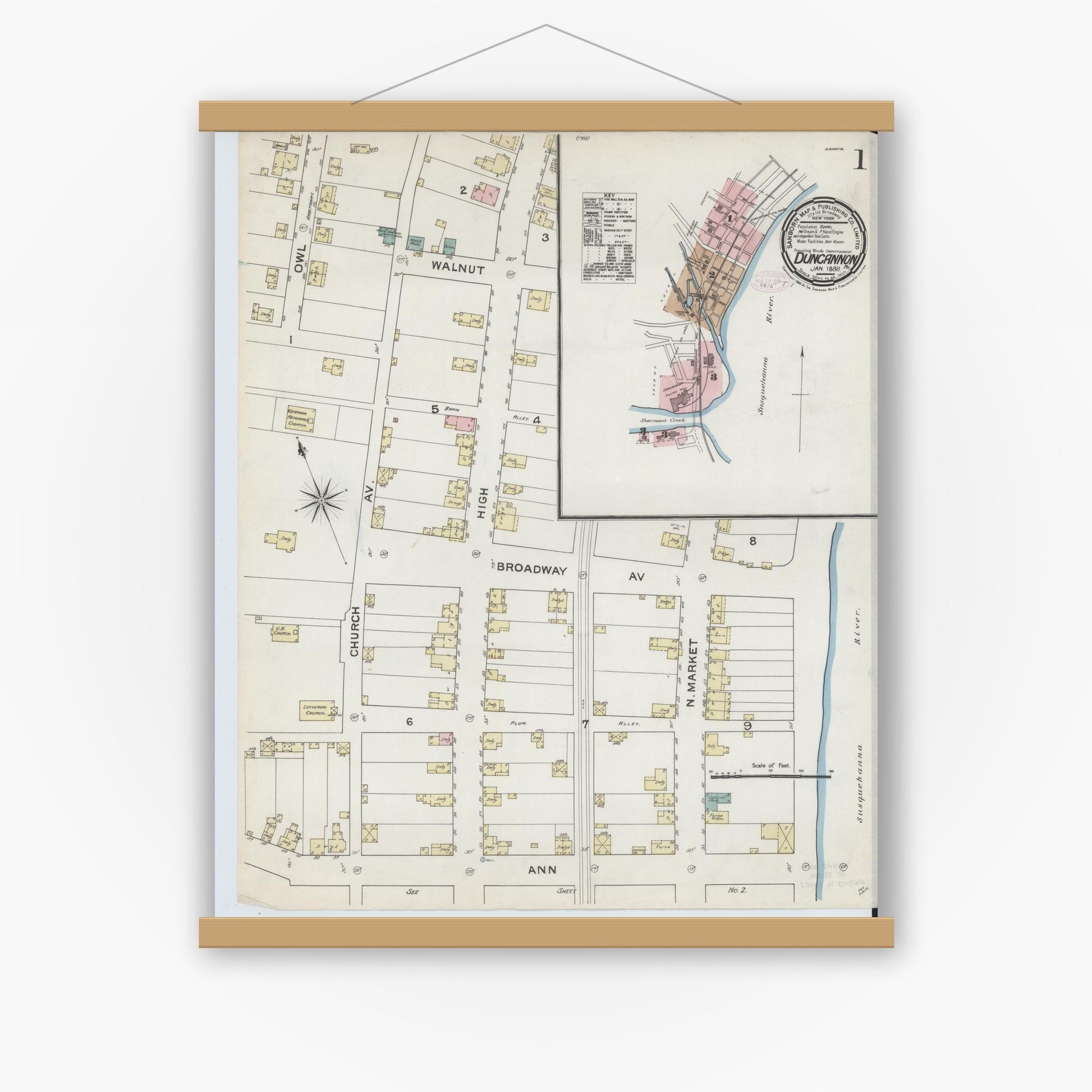 Old map wall art mockup — magnetic wood frame on white wall — Sanborn Fire Insurance Map from Duncannon, Perry County, Pennsylvania (1888) - Complete Map Set