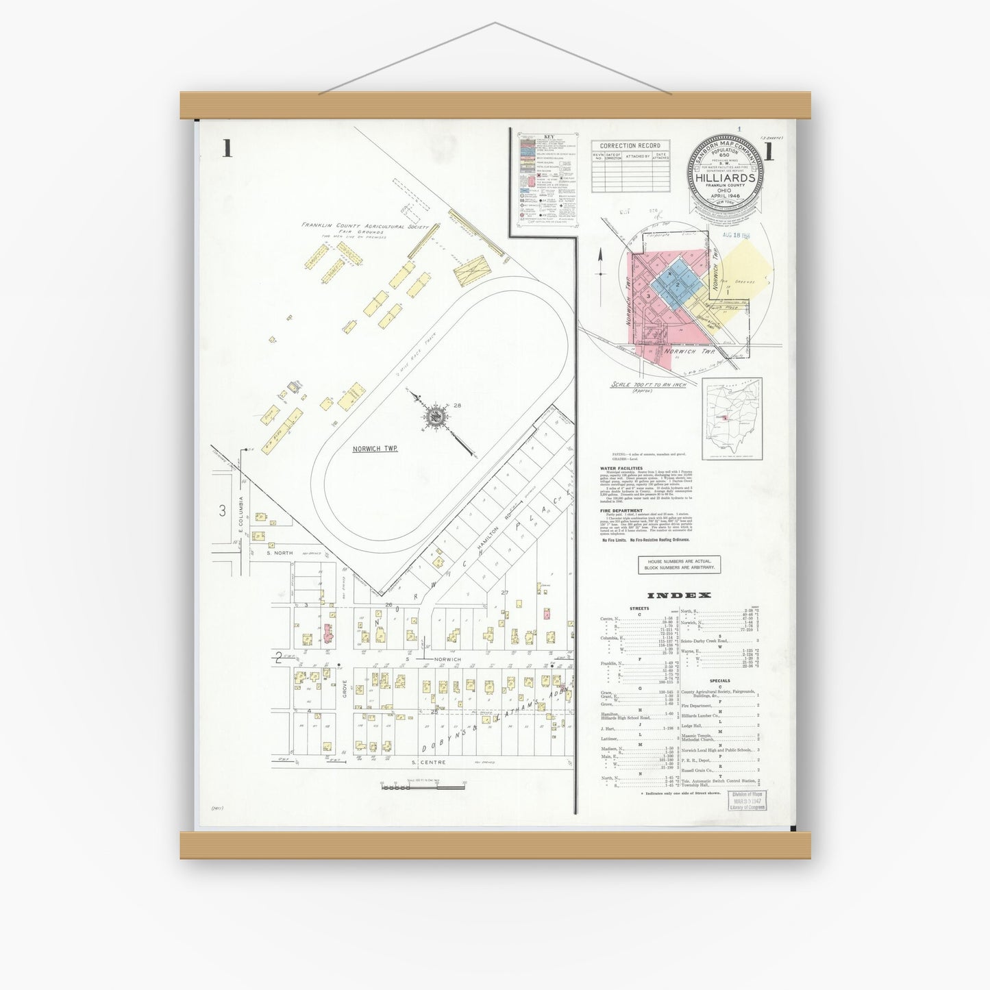 Old map wall art mockup — magnetic wood frame on white wall — Sanborn Fire Insurance Map from Hilliards, Franklin County, Ohio (1946) - Complete Map Set