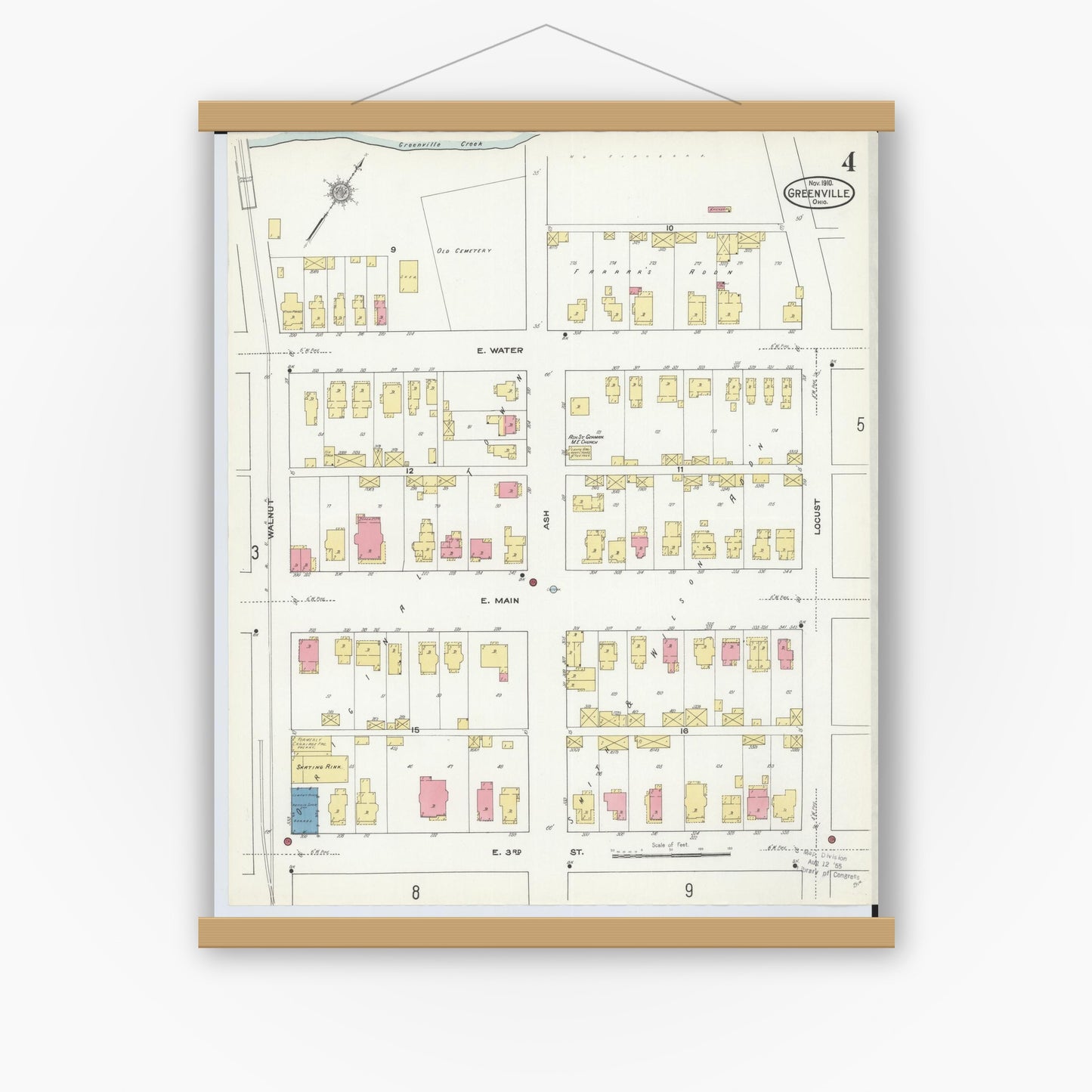 Old map wall art mockup — magnetic wood frame on white wall — Sanborn Fire Insurance Map from Greenville, Darke County, Ohio (1910), Sheet #0004