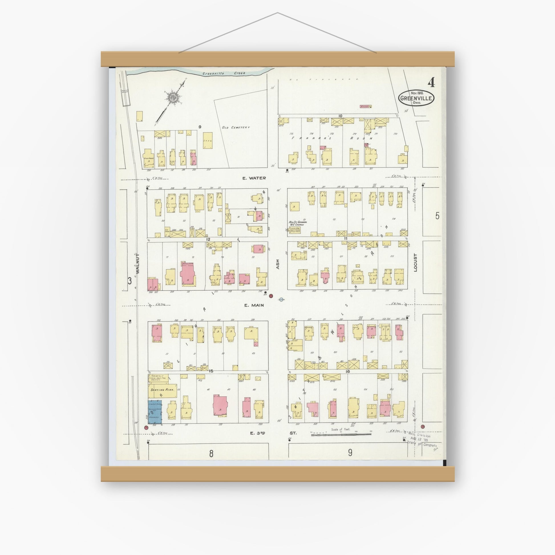 Old map wall art mockup — magnetic wood frame on white wall — Sanborn Fire Insurance Map from Greenville, Darke County, Ohio (1910), Sheet #0004