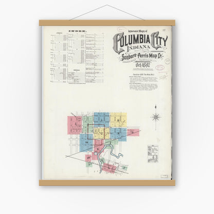 Old map wall art mockup — magnetic wood frame on white wall — Sanborn Fire Insurance Map from Columbia City, Whitley County, Indiana (1897) - Complete Map Set