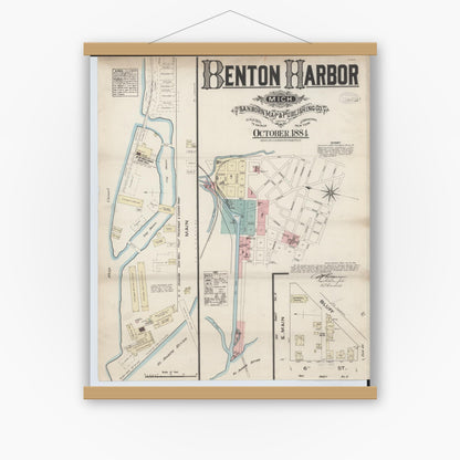 Old map wall art mockup — magnetic wood frame on white wall — Sanborn Fire Insurance Map from Benton Harbor, Berrien County, Michigan (1884) - Complete Map Set