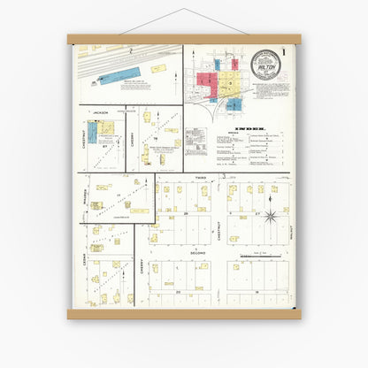 Old map wall art mockup — magnetic wood frame on white wall — Sanborn Fire Insurance Map from Wilton Junction, Muscatine County, Iowa (1909) â€” Complete Set