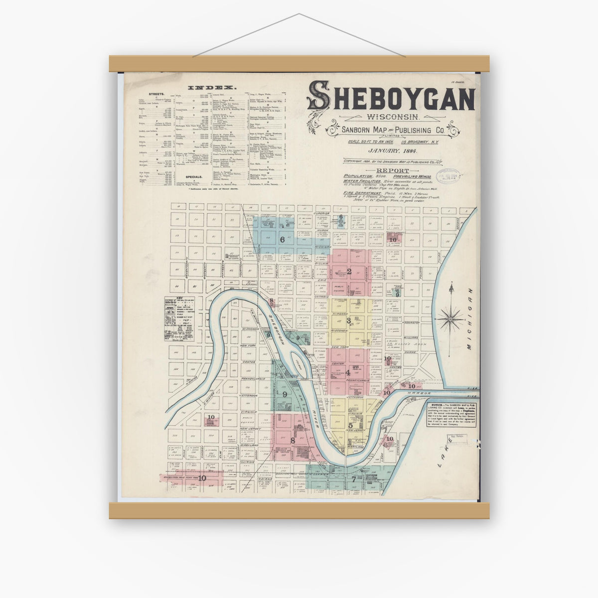 Old map wall art mockup — magnetic wood frame on white wall — Sanborn Fire Insurance Map from Sheboygan, Sheboygan County, Wisconsin (1884), Sheet #0001