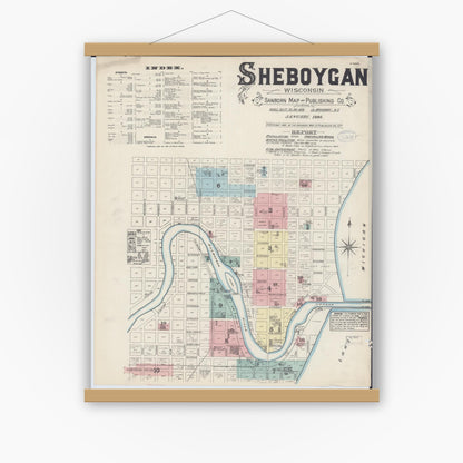 Old map wall art mockup — magnetic wood frame on white wall — Sanborn Fire Insurance Map from Sheboygan, Sheboygan County, Wisconsin (1884), Sheet #0001