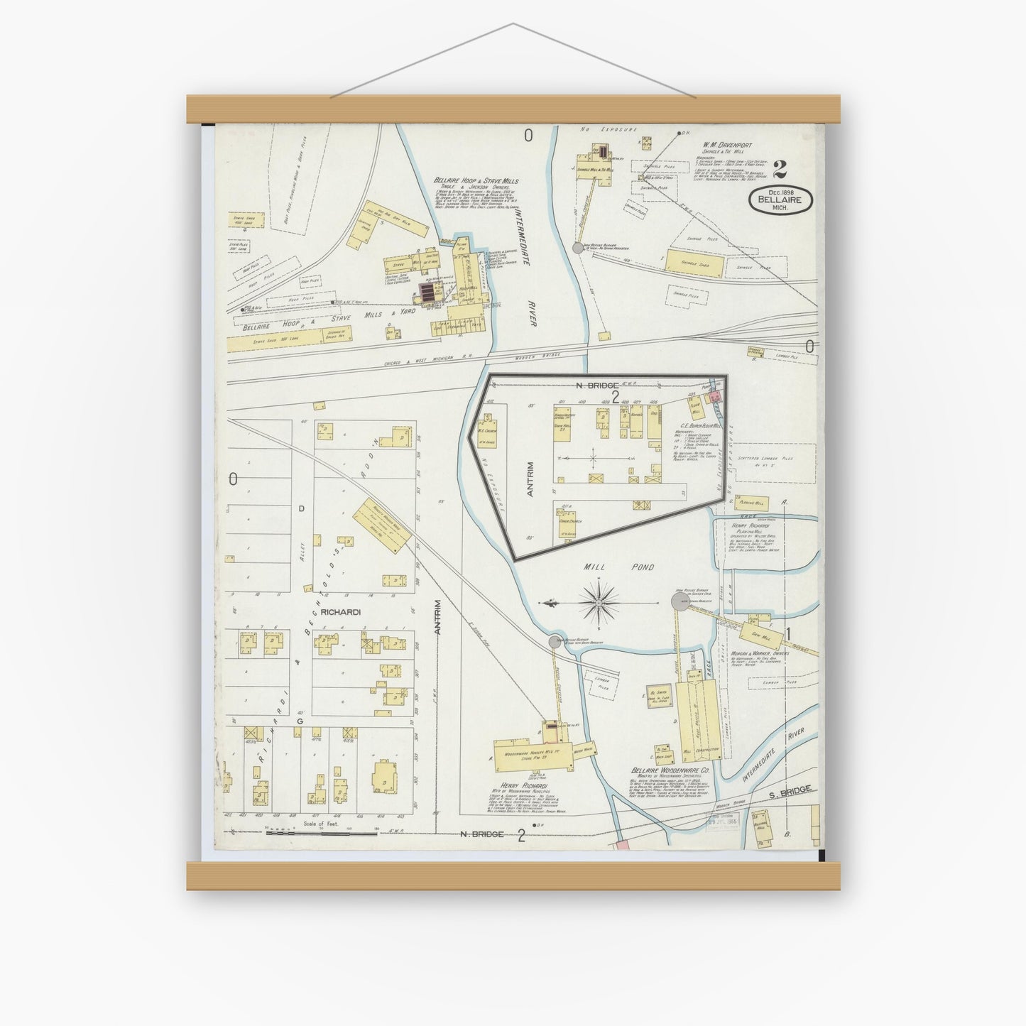 Old map wall art mockup — magnetic wood frame on white wall — Sanborn Fire Insurance Map from Bellaire, Antrim County, Michigan (1898), Sheet #0002