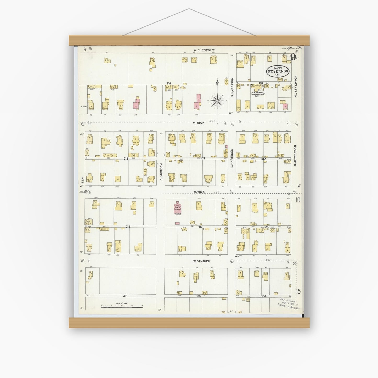 Old map wall art mockup — magnetic wood frame on white wall — Sanborn Fire Insurance Map from Mount Vernon, Knox County, Ohio (1903), Sheet #0009