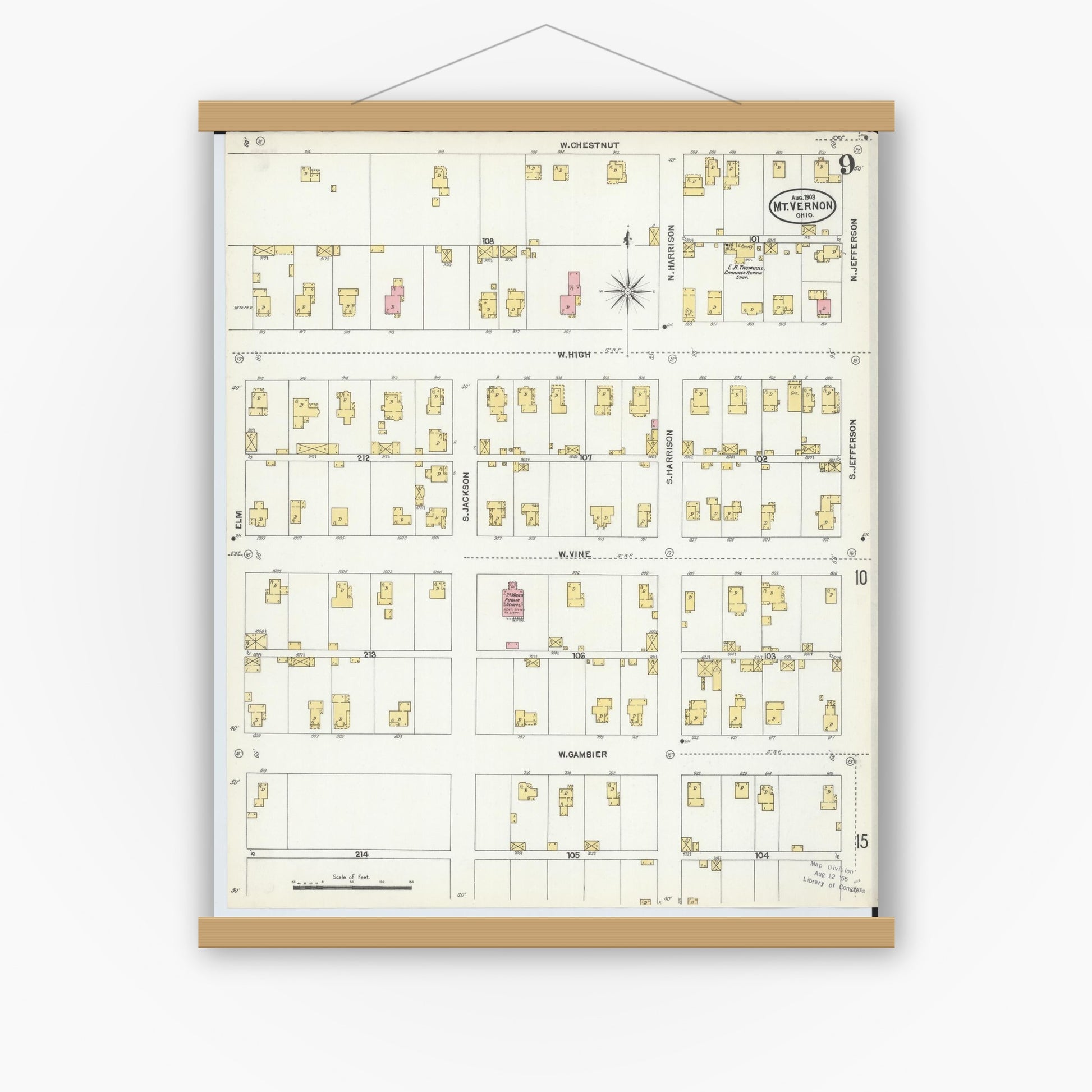 Old map wall art mockup — magnetic wood frame on white wall — Sanborn Fire Insurance Map from Mount Vernon, Knox County, Ohio (1903), Sheet #0009