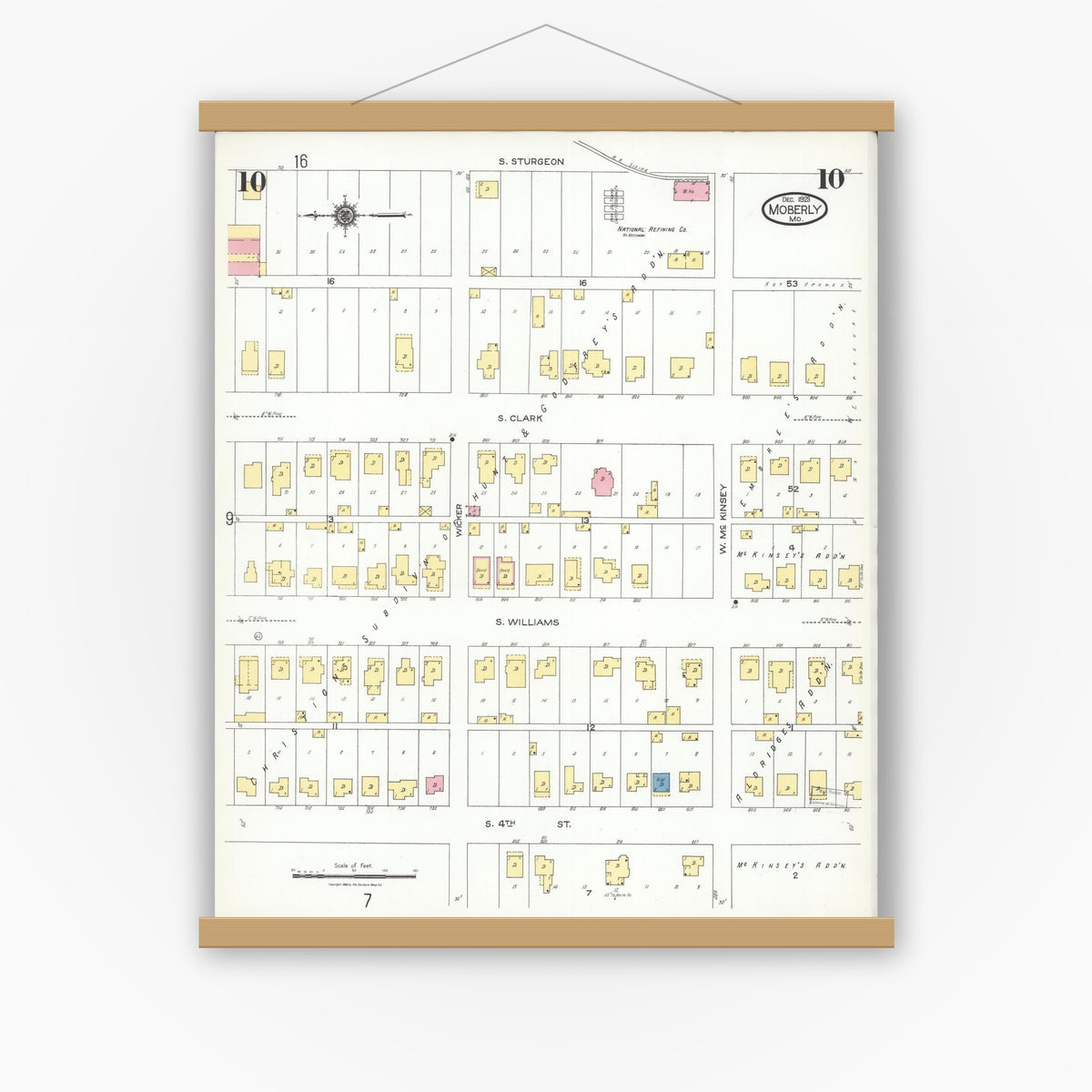 Old map wall art mockup — magnetic wood frame on white wall — Sanborn Fire Insurance Map from Moberly, Randolph County, Missouri (1923), Sheet #0010