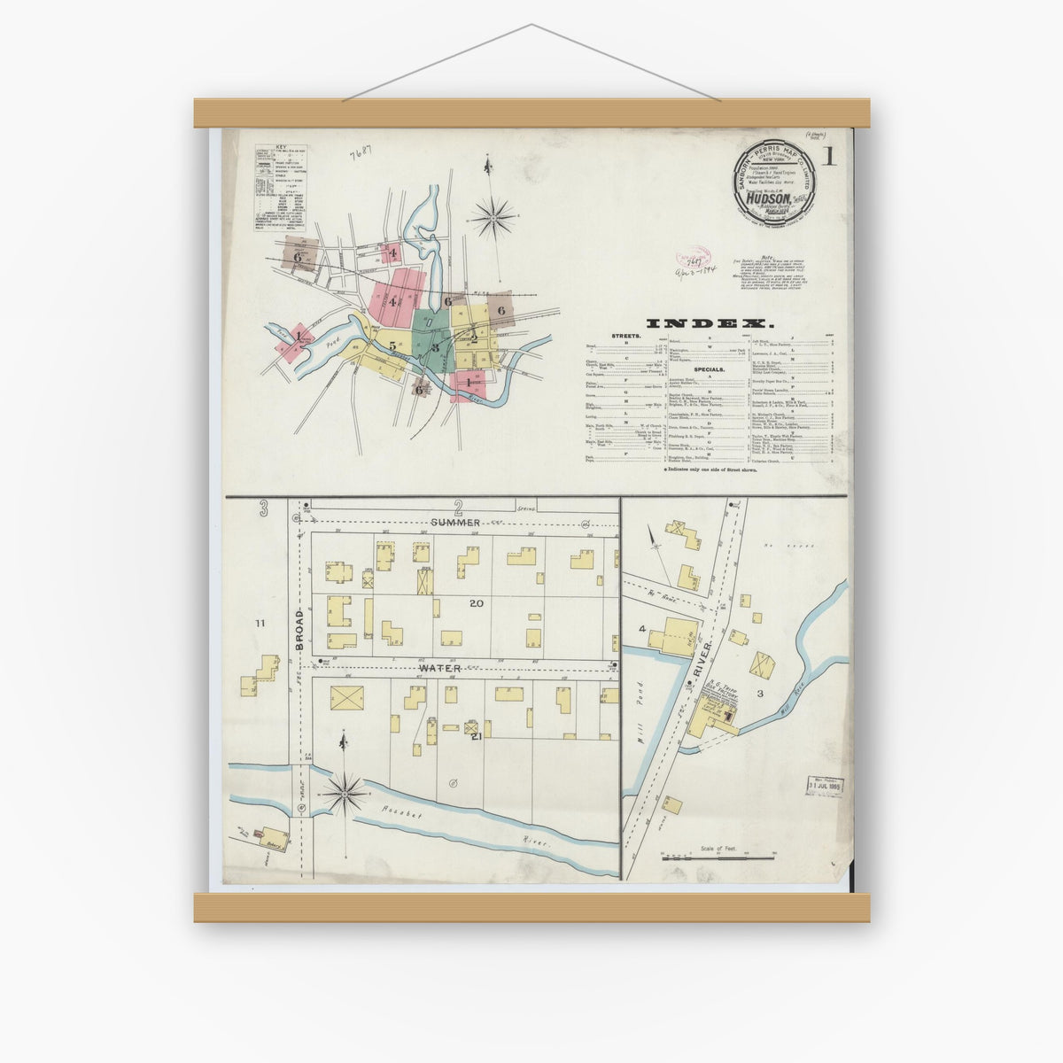 Old map wall art mockup — magnetic wood frame on white wall — Sanborn Fire Insurance Map from Hudson, Middlesex County, Massachusetts (1894) - Complete Map Set