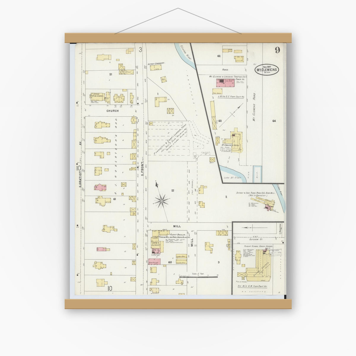 Old map wall art mockup — magnetic wood frame on white wall — Sanborn Fire Insurance Map from Mount Clemens, Macomb County, Michigan (1897), Sheet #0009
