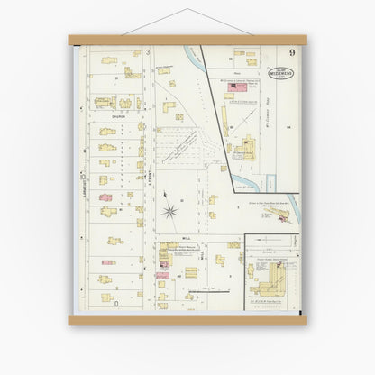 Old map wall art mockup — magnetic wood frame on white wall — Sanborn Fire Insurance Map from Mount Clemens, Macomb County, Michigan (1897), Sheet #0009