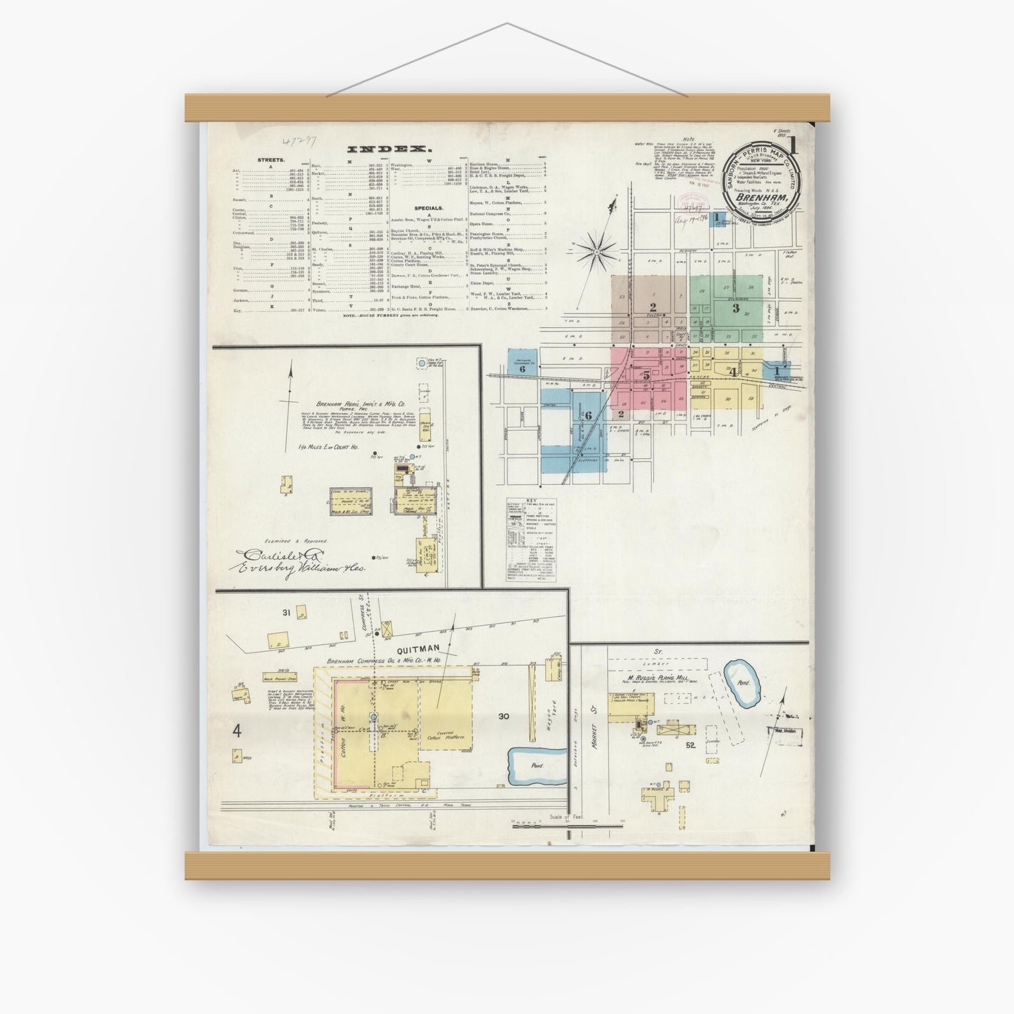 Old map wall art mockup — magnetic wood frame on white wall — Sanborn Fire Insurance Map from Brenham, Washington County, Texas (1896), Sheet #0001